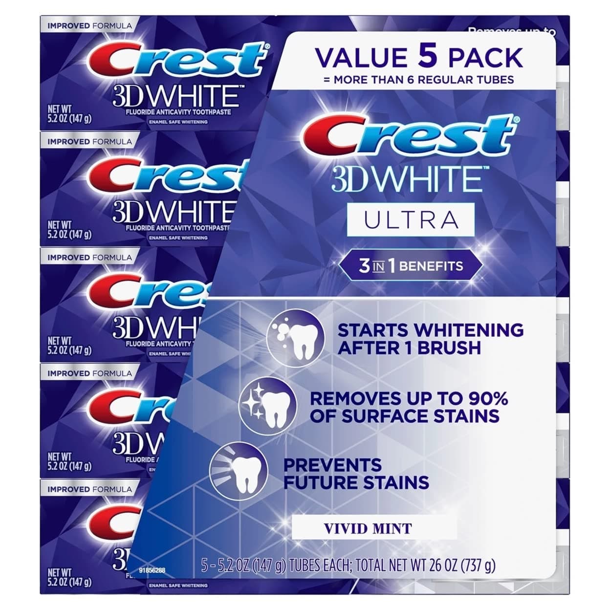 Crest3D White Ultra Whitening Toothpaste, Vivid Mint (5.2 oz., 5 pk.)