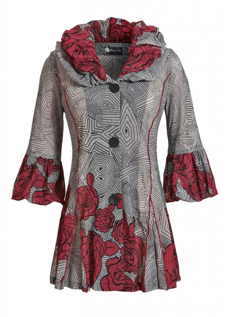 Damee Bell Sleeve Grey, Red & Black Rose Print Jacket Style 582