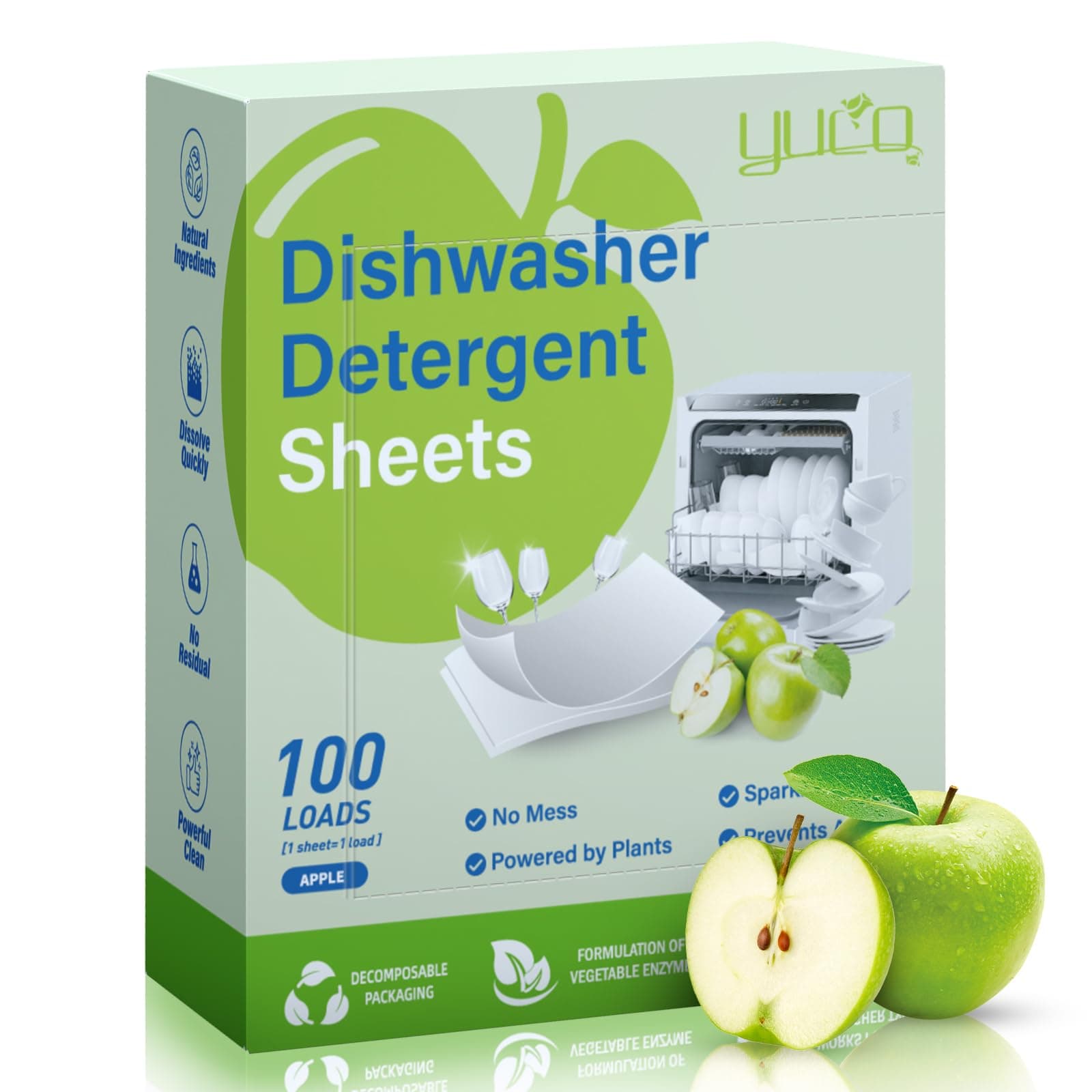 YUCO Dishwasher Detergent Sheets 100 Loads Liquid-Free Dish Soap Cleaner Strips Eco-Friendly No Plastic Dishwasher Pods Detergent Use in Dishwasher or Sink Leaving Dishes Sparkling Clean (Apple)