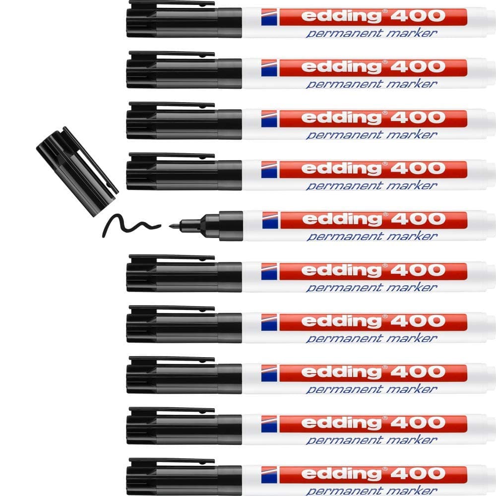 400 permanent marker - black - 10 pens - fine round tip 1 mm - waterproof, quick-drying, smear-proof pens - for cardboard, plastic, wood, metal, glass and fabric