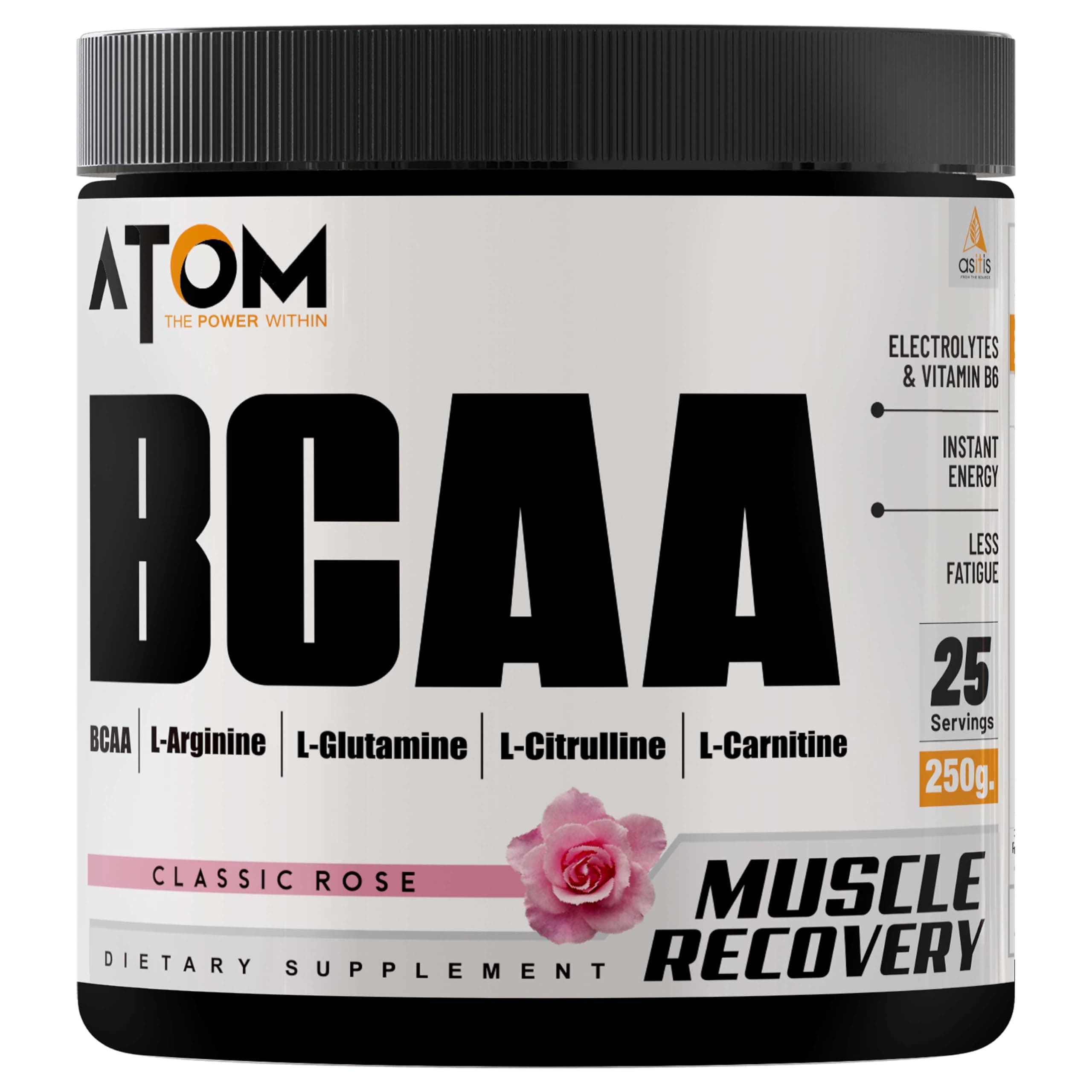 AS-IT-IS ATOM BCAA 250g with L-Arginine, L-Carnitine, L-Citrulline for Energy Burst & Athletic Performance, Classic Rose