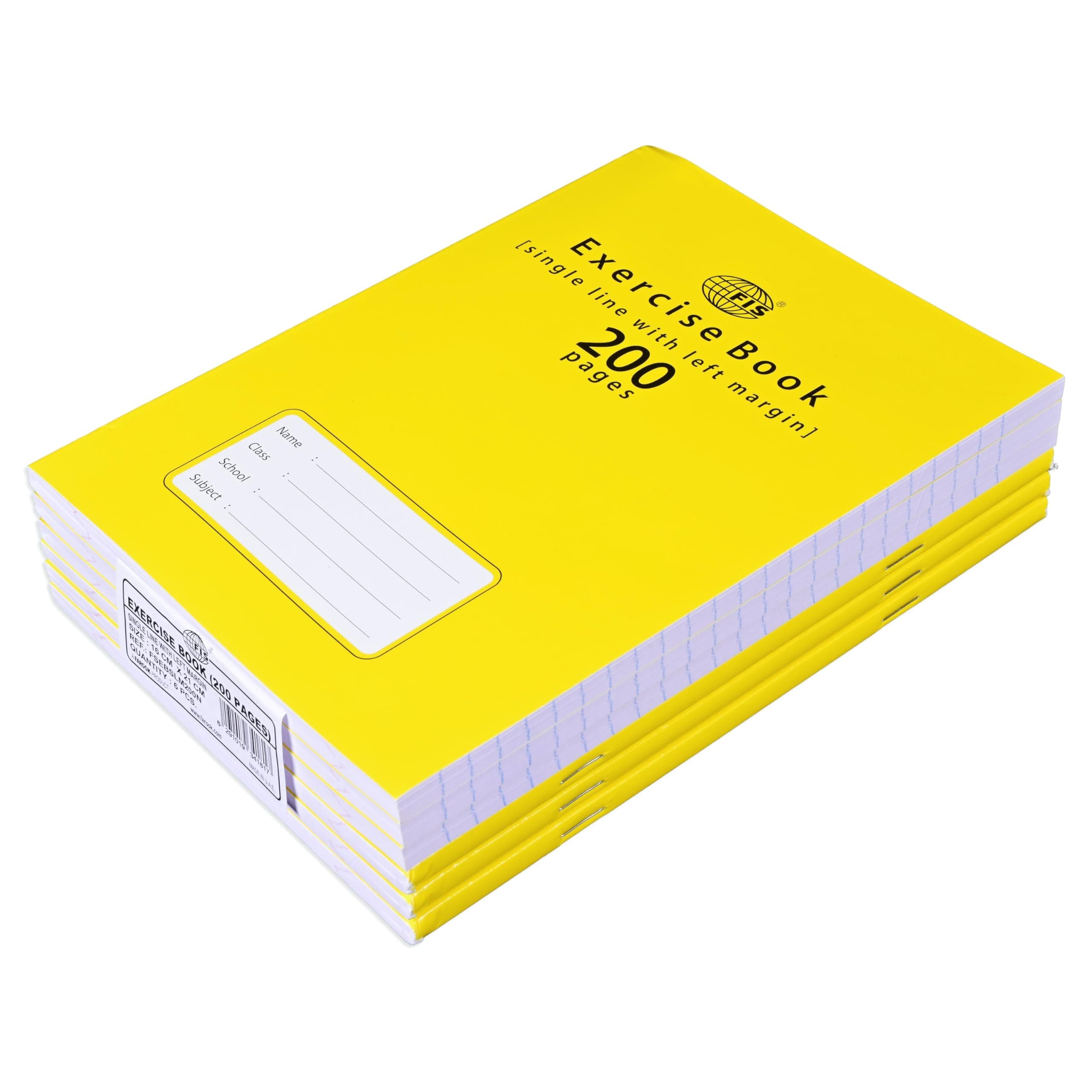 FIS® Exercise Book, Size 165x210mm, 100 Sheets, 200 Pages, Single Line with Left Margin, Packet of 6 Pieces, Neon Yellow Cover with Mathematical Info-FSEBSLM200N