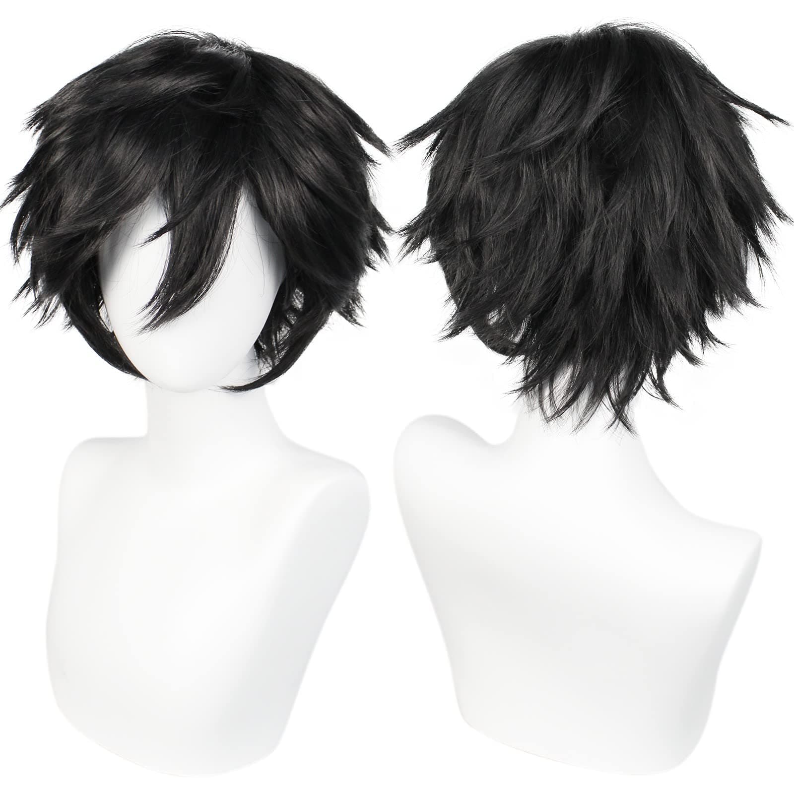 Hair Cap+ Short Black Wig for Men Short Black Men's Wigs for Cosplay Black Anime Cosplay Wig Layered Black Party Wigs with Bangs for Halloween Costume Christmas Peluca Negra Synthetic Hair
