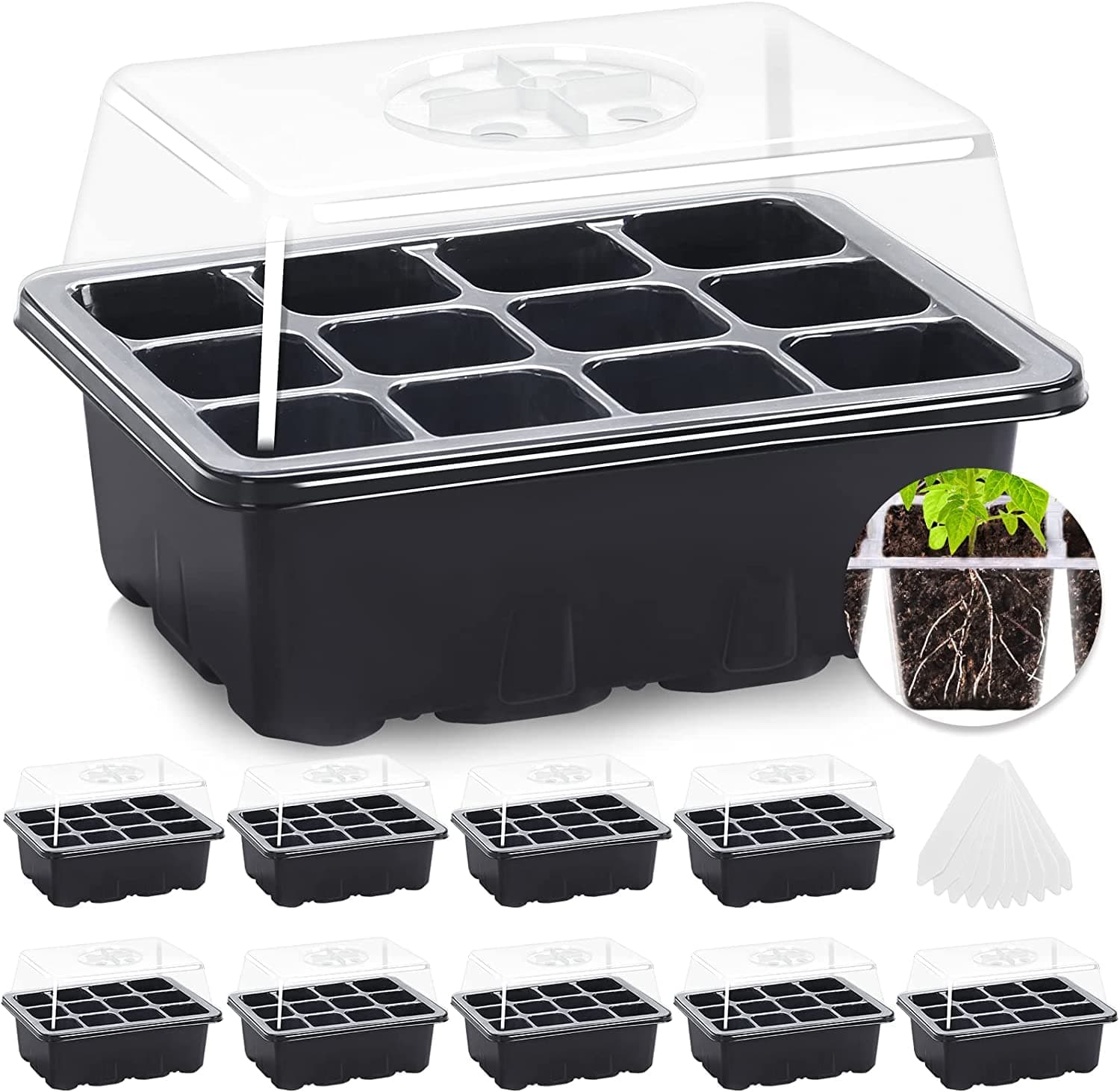 MIXC Seed Trays, 10 Pack 120 Cells Seed Tray for Seedlings Reusable Seed Trays with Lids, propagators for plants, Germination Trays Kit Plastic for Greenhouse/Garden Black