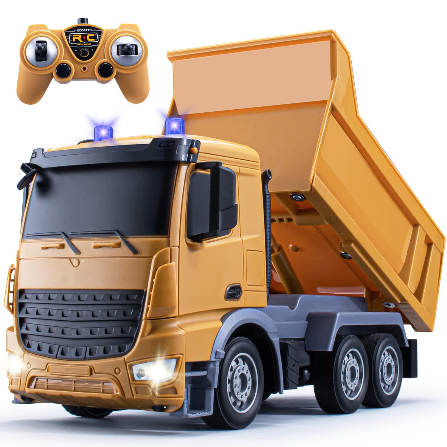 RC Dump Truck for 5 Year Old Boys - Remote Control Construction Truck Toy With LED Lights, 2.4Ghz - Gifts for Kids Age 4-7