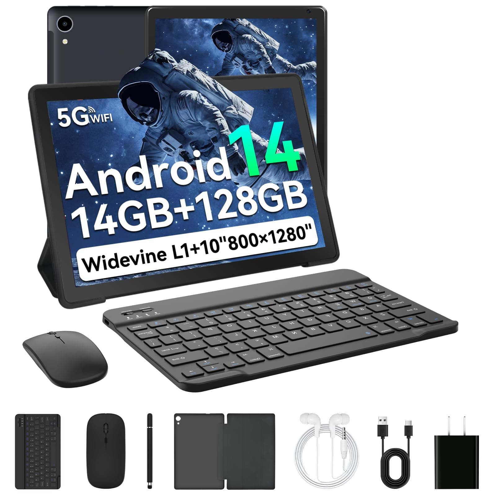 Whitedeer 10 inch Tablet Android 14, 14GB+128GB/2TB Expanded, Octa-Core Tablets, 800 * 1280 HD丨WiFi 6丨BT 5.0丨5000mAh丨5MP+8MP, Widevine L1, Tab with Keyboard丨Mouse丨Stylus丨Tablet Case丨 Headphone(Black)