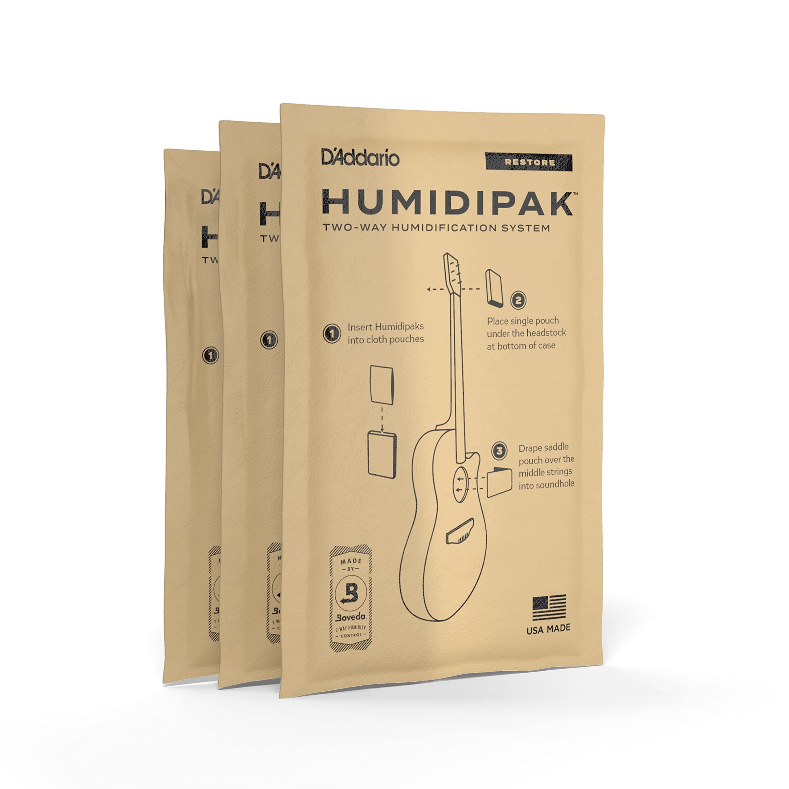 D'Addario Guitar Humidifier Packs - Two-Way Humidification System Conditioning Packets - For Restoring to Proper Guitar Humidification Level - 3 Restore Conditioning Packets