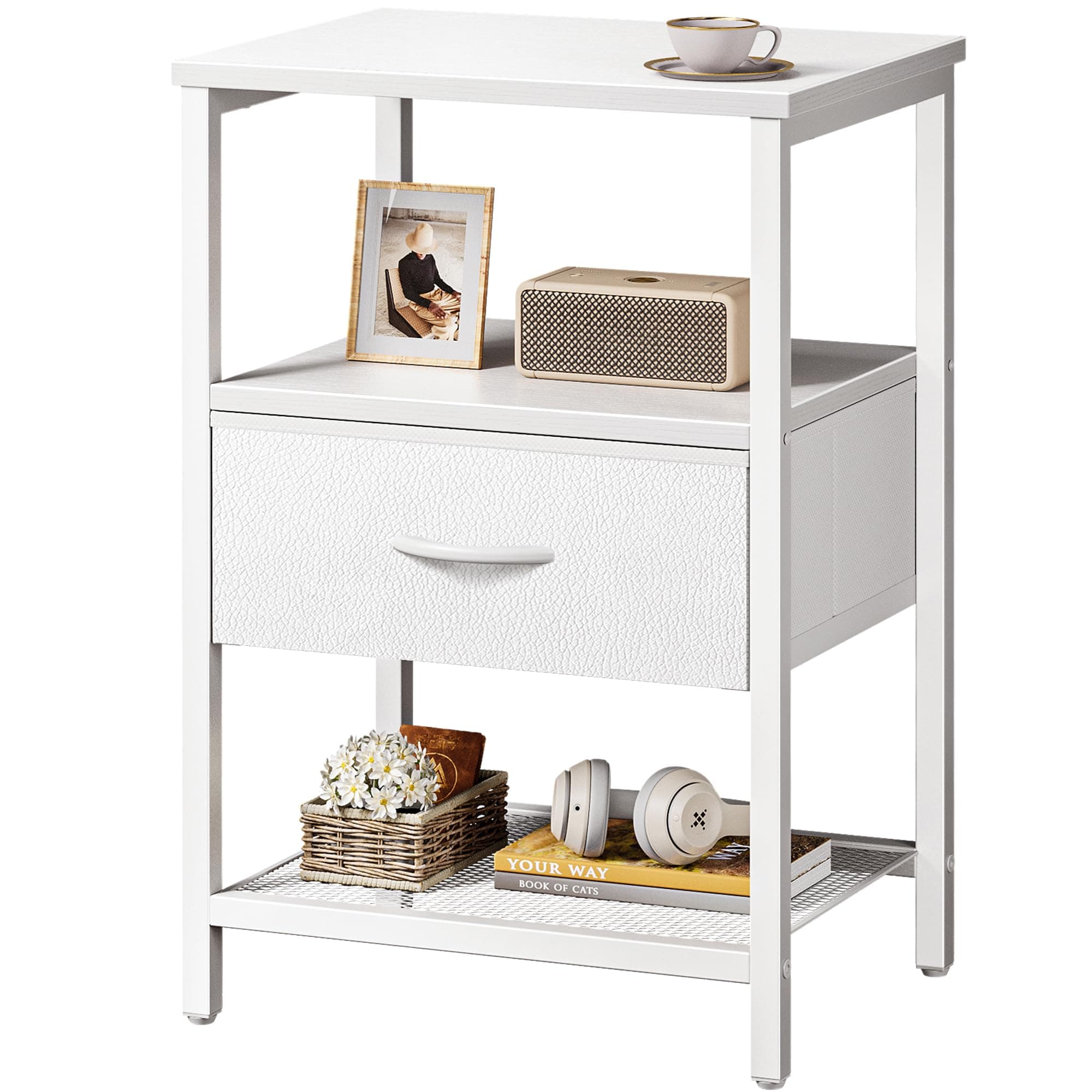 Huuger Night Stand with Fabric Drawer, Side Table with Mesh Shelf, Bedroom Nightstand, Fabric Drawer Dresser, Open Shelf, Metal Frame, Couch Side, White
