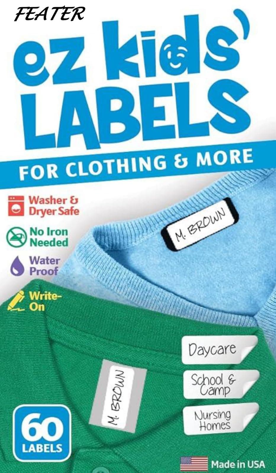 Feater Non-Iron Multipurpose Labels for clothes and Other Items Writable Self Adhesive Name Labels Washable and Dryer Safe (60 Labels) (60)