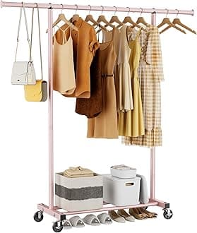 Clothes Clothing Garment Rack with Wheels,46.5" L Portable Rolling Clothing Racks for Hanging Clothes, Sturdy Closet Wardrobe Rack Clothes Storage Organizer Hanger for Coats, Shirts, Dress,Pink