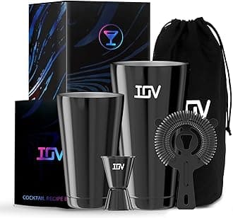 IOV Boston Cocktail Shaker Bar Set, Bartender Kit Drink Mixer Set with 18 oz & 28 oz Boston Shakers, Hawthorne Strainer, Double Jigger, Bar Tool Kit and Recipe Booklet - Black
