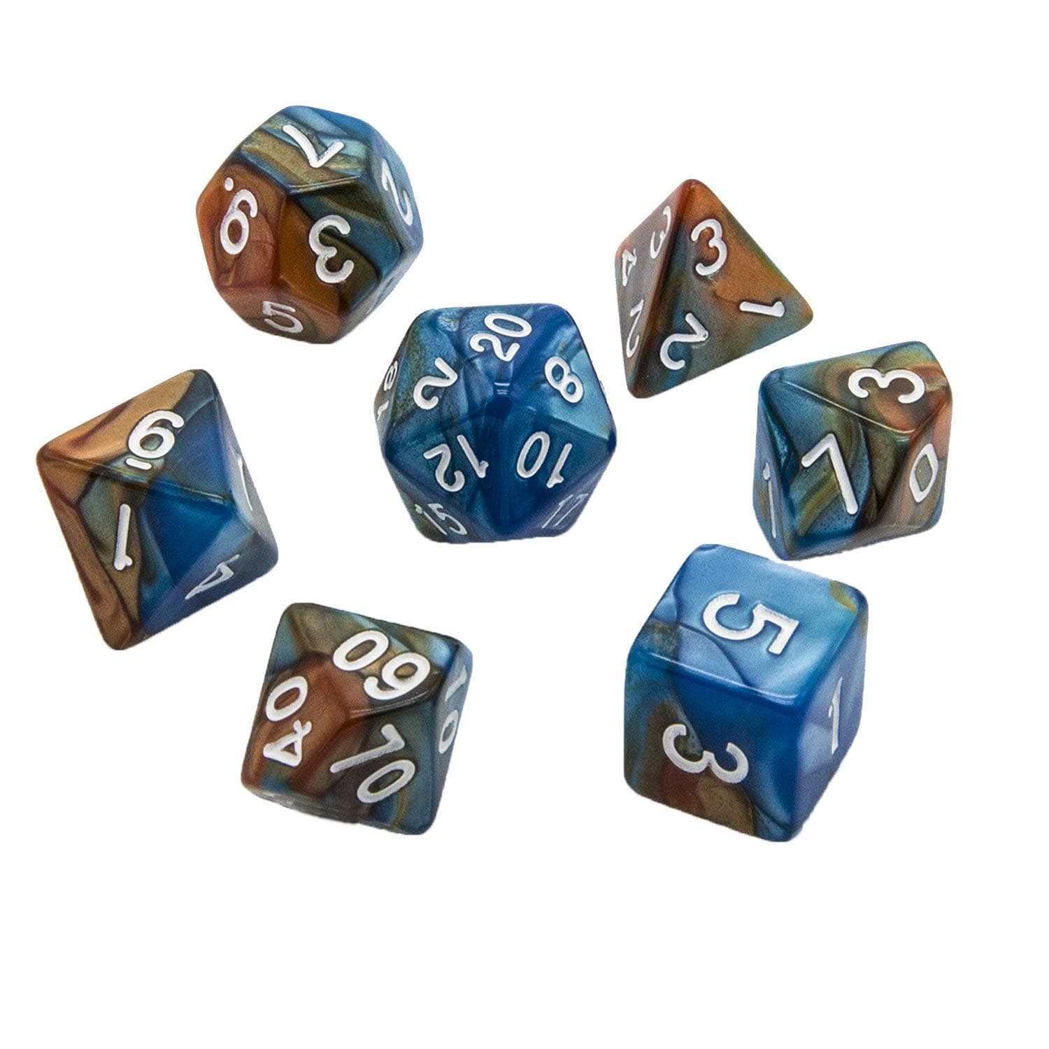 Oun Nana Polyhedral 7-Die Dice Set-Blue-Brown with White