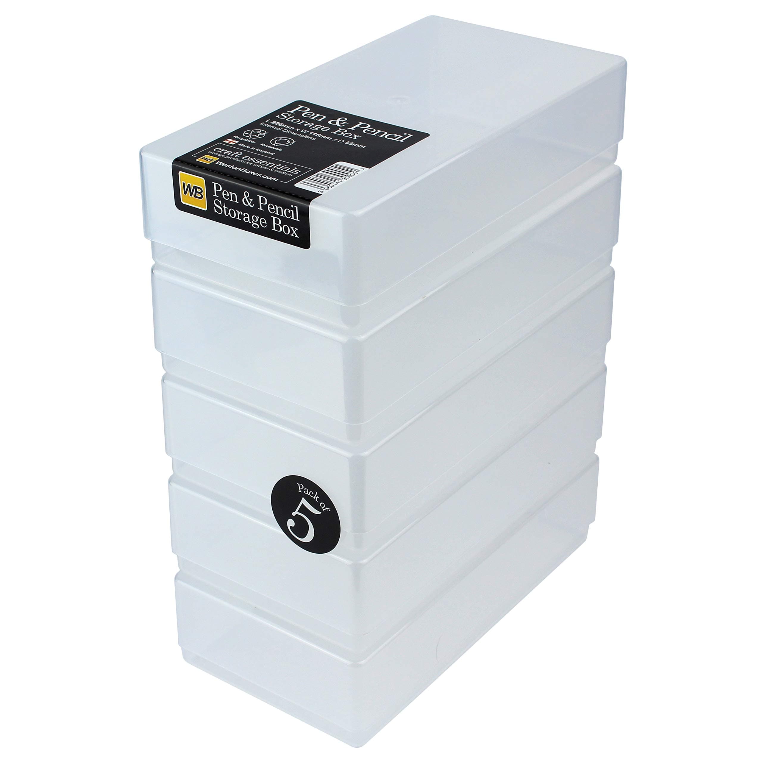 WestonBoxes Plastic Storage Boxes with Lids for Pens, Pencils and Stationery - 1.4 Litre Volume (Clear/Transparent, Pack of 5)