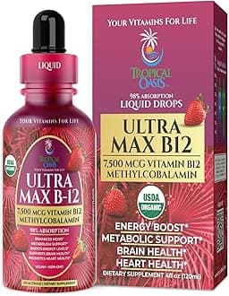 Ultra Max B12 7500mcg | USDA Organic Vitamin B12 Sublingual Liquid Drops | Max Strength Methylcobalamin Vegan B12 Supplement | Promotes Energy, Metabolism, Brain Health | 98% Absorption Rate | 60 Serv