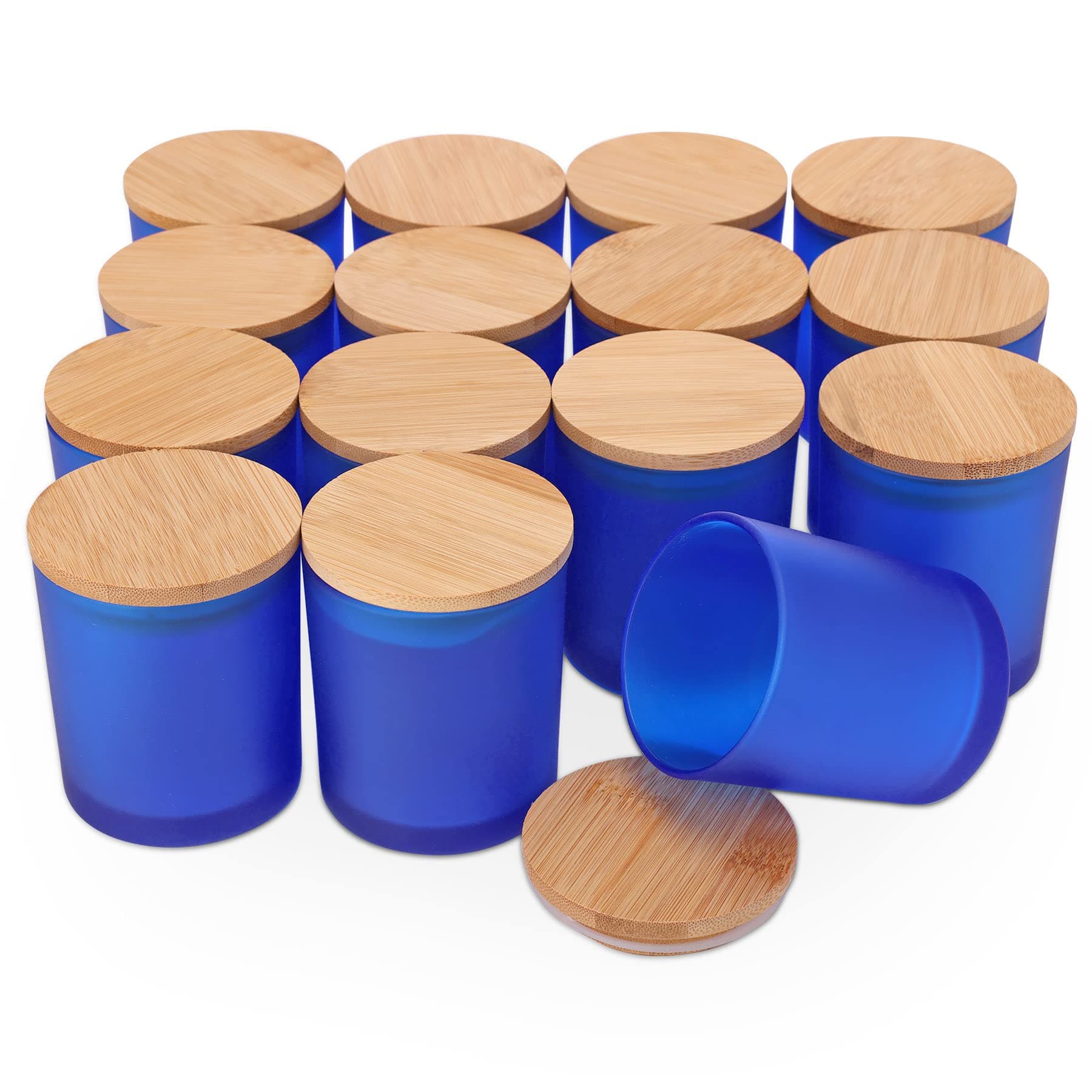 Antimbee Sapphire Blue Glass Candle Container Jars (15 Pack) with Bamboo Lids - 6 oz Empty Candle Tins, Dishwasher Safe