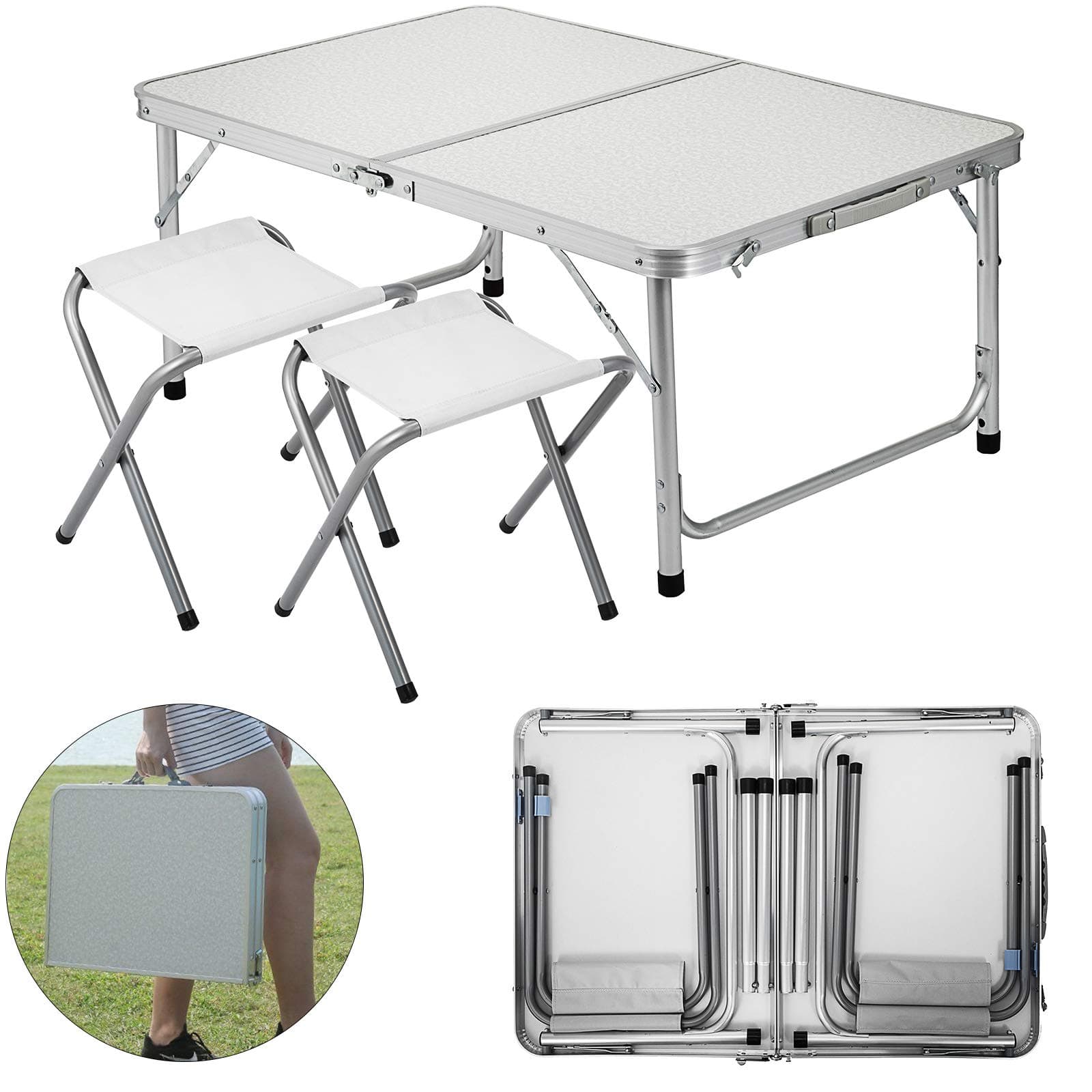 Folding Picnic Table White 4 Person Camping Table and Chairs with 2 Benches Portable Table and Chair Set 35.4 L x 23.6 inch W Office Learning Beach Camping Garden Outdoor