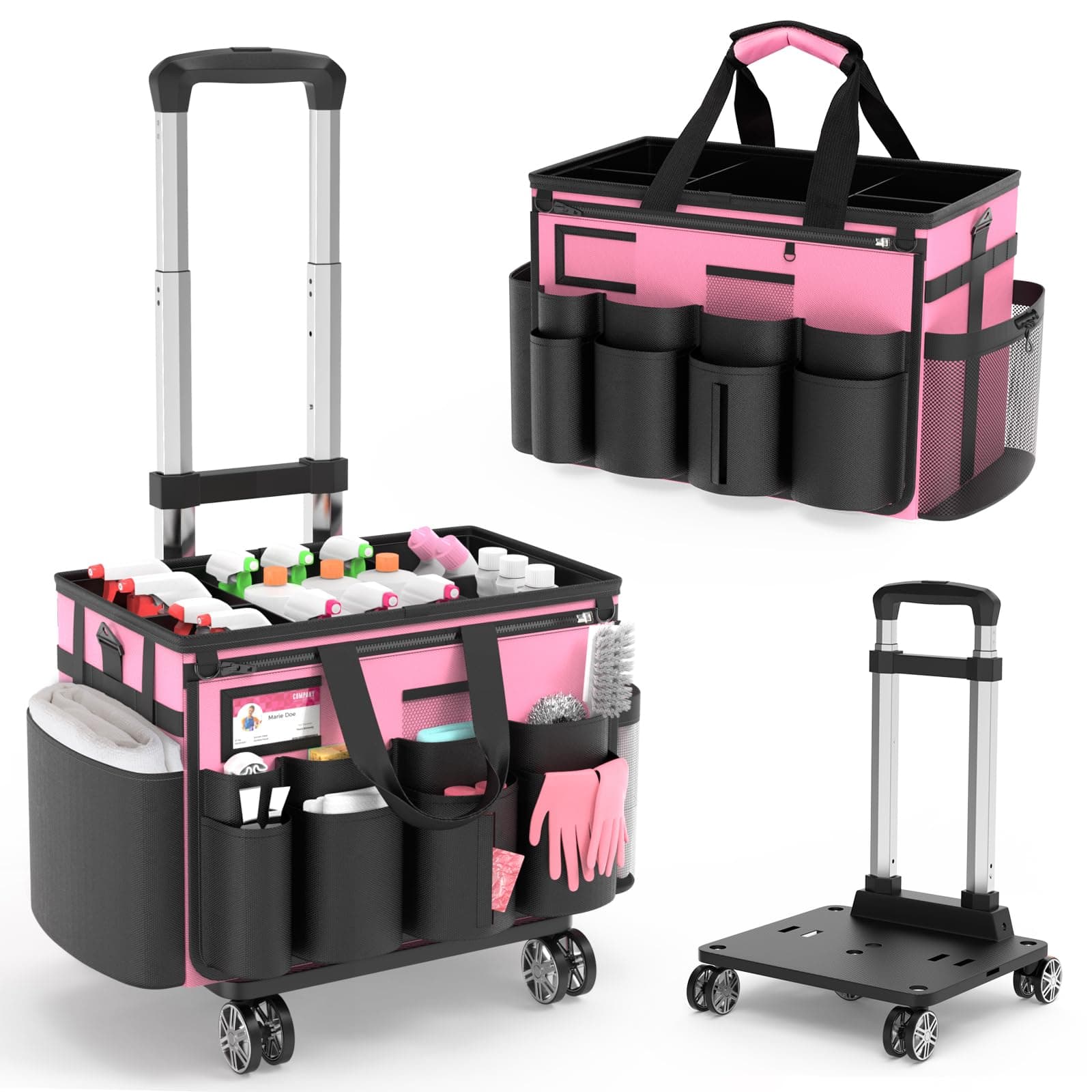 Cleaning Caddy with Wheels - Rolling Cleaning Caddy Bag with Detachable Trolley, Cleaning Caddy for Cleaning Supplies, Cleaning Bag for Housekeeping, Pink