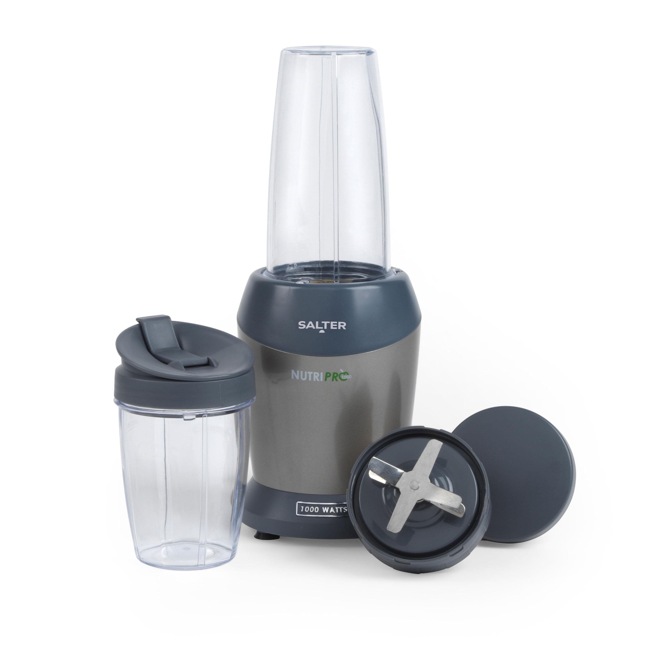 Salter EK2002V4SILVER NutriPro 1000 Blender - Multifunction Cold Beverage Smoothie Maker, Healthy Juicer, Nutrient Extractor, 2 Blending Cups (800ml/1L) & Stay Fresh Lids, On The Go Drinks, 1000W