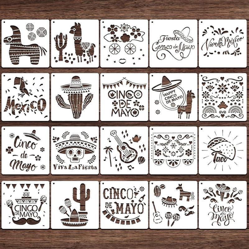 Devasya Crafts 20 Pieces Fiesta Stencil Template Cinco De Mayo Stencils Fiesta Stencil Reusable Stencil Drawing Template Set for Summer Cinco De Mayo DIY Art Notebook Greeting Card Scrapbook