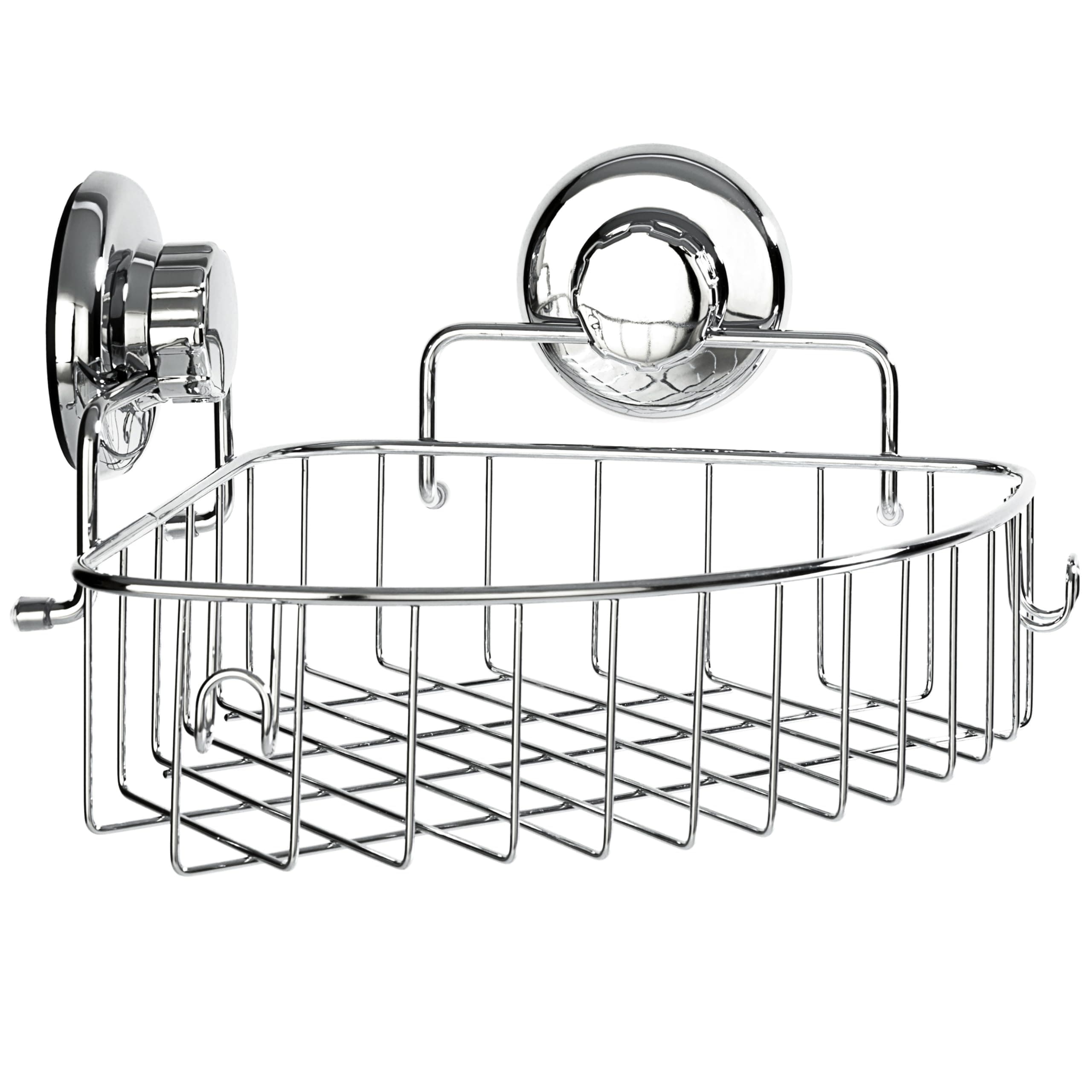Corner Shower Caddy with Suction Cups and 3M Adhesive Mounting Discs for porous surfaces - Stainless Steel Basket for Bathroom Storage (Chrome)