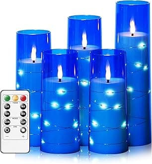 kakoya Flameless LED Candles with Timer 5 Pc Flickering Flameless Candles for Romantic Ambiance and Home Decoration Stable Acrylic Shell,with Embedded Star String，Battery Operated Candles（Blue）