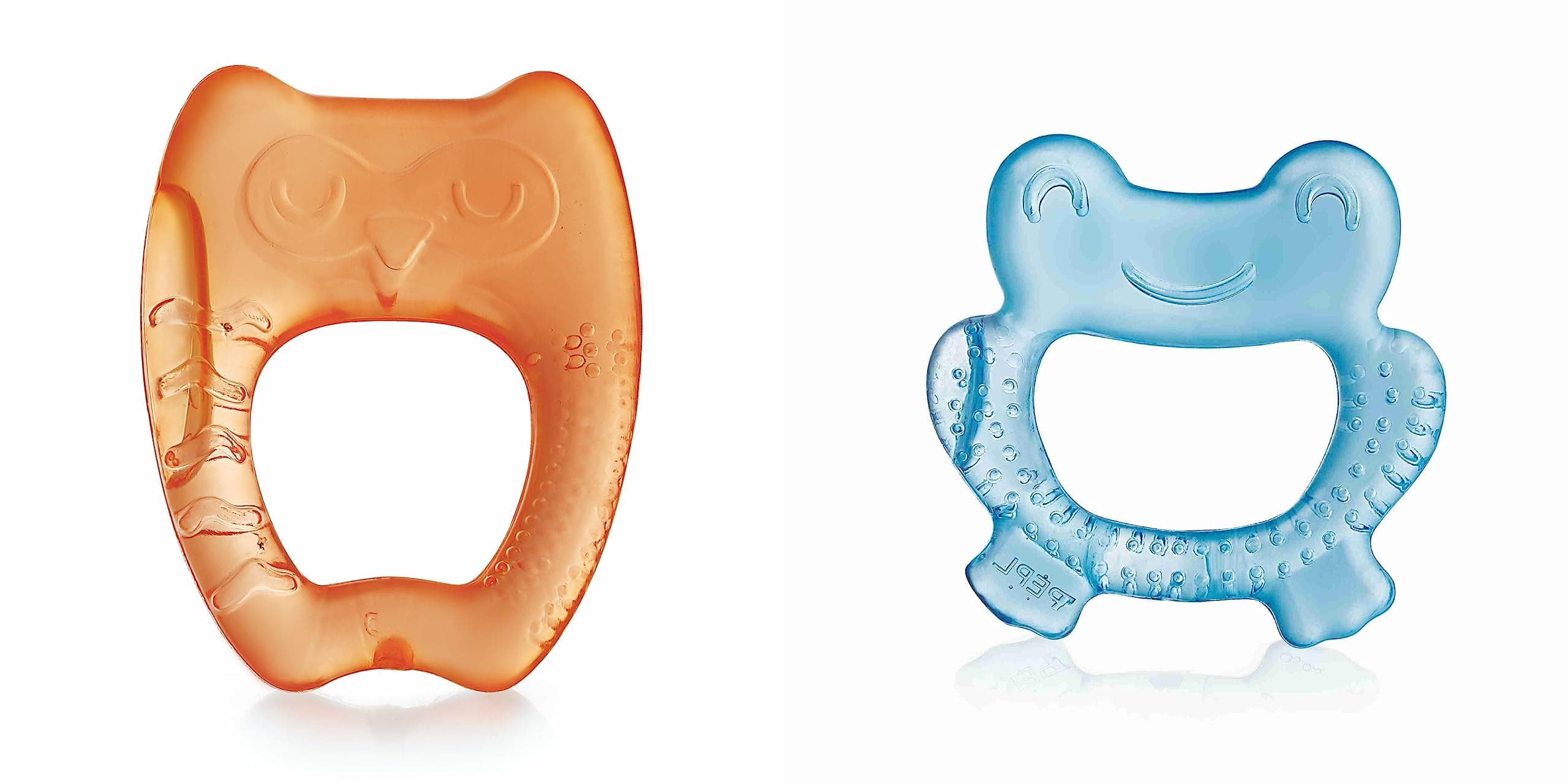 Teethers for 6 to 12 Months BPA Free. Cooling Water Filled Baby Teether, Soft Teething Toy for Babies with Carry Case, Soothes Gums and Easy to Grip. 100% BPA, PVC Free. (Frog & Owl - Blue_Orange, Pack of 2)