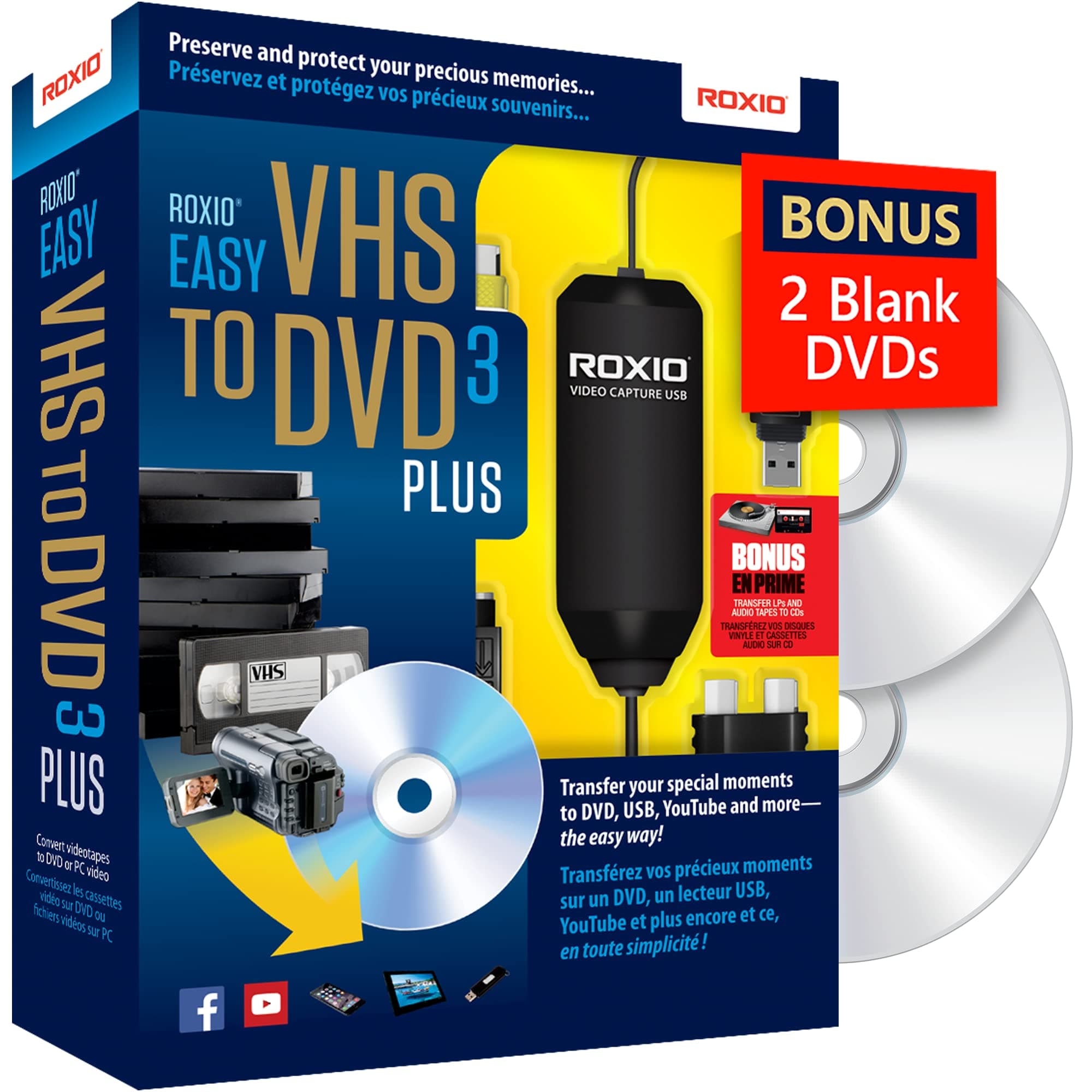 Corel Roxio Easy VHS to DVD 3 Plus | VHS, Hi8, V8 Video to DVD or Digital Converter | Amazon Exclusive 2 Bonus DVDs [Windows]