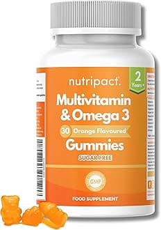 Kids Multivitamin & Omega 3 Gummies | Ages 2+ | 30 Orange Flavour Chewable Sugar Free Gummies | with Vitamins A, B C, D, E, | DHA & EPA | Supports Immunity, Brain, Energy, Vision & Growth