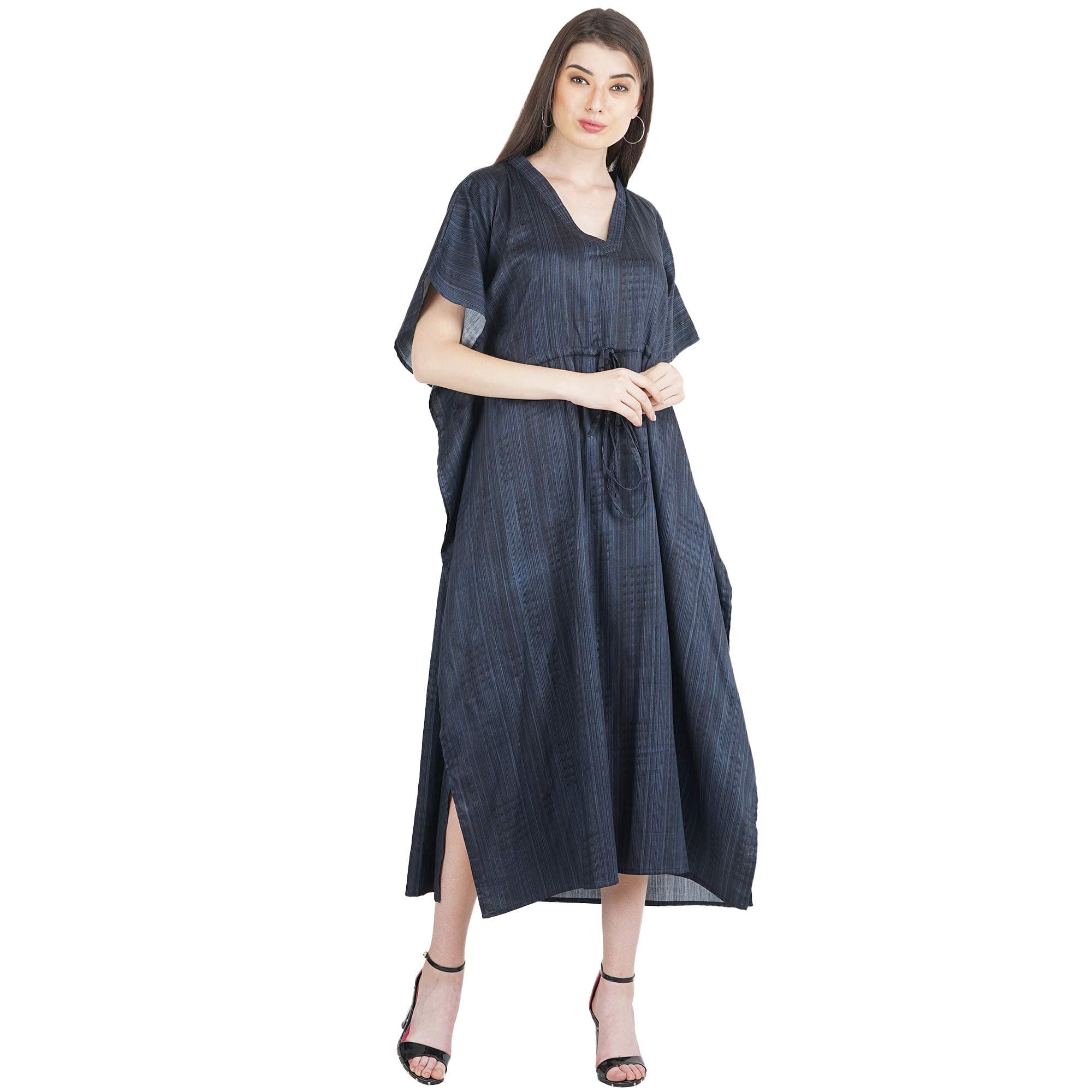 Solid Loose Long Maxi Dress Polyster Kaftan Caftan for Women Blue