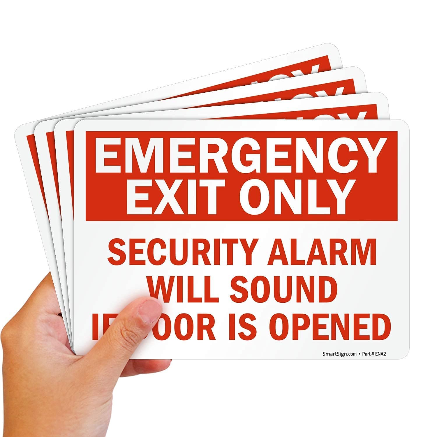 SmartSign (Pack of 4) 5 x7 inch “Emergency Exit Only - Security Alarm Will Sound If Door is Opened” Sticker Labels, 5 mil Laminated Polyester with SuperStick Adhesive, Red and White, Made in USA