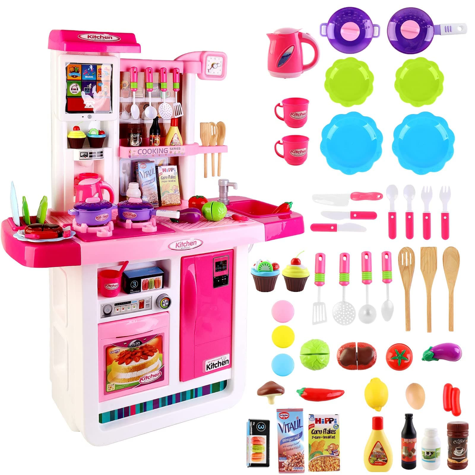 deAO My Little Chef Kitchen Playset Role Playing Game with Touchscreen Panel, Water Features and 50 Accessories Included (Pink)