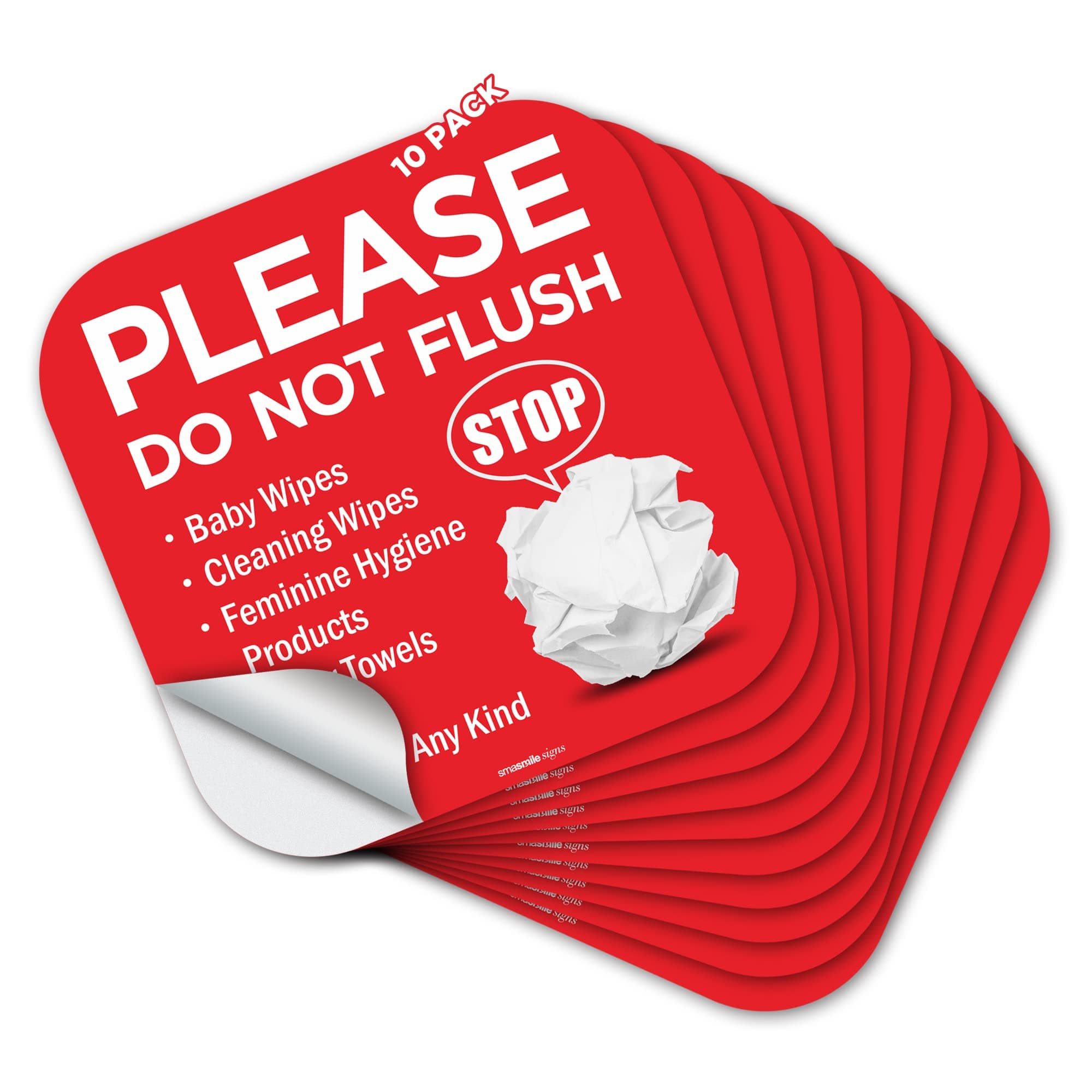 SMASMILE Please Do Not Flush Sign 10 Pack 6"x 6" Please Do Not Flush Anything Except Toilet Paper Sign Self Adhesive Decal