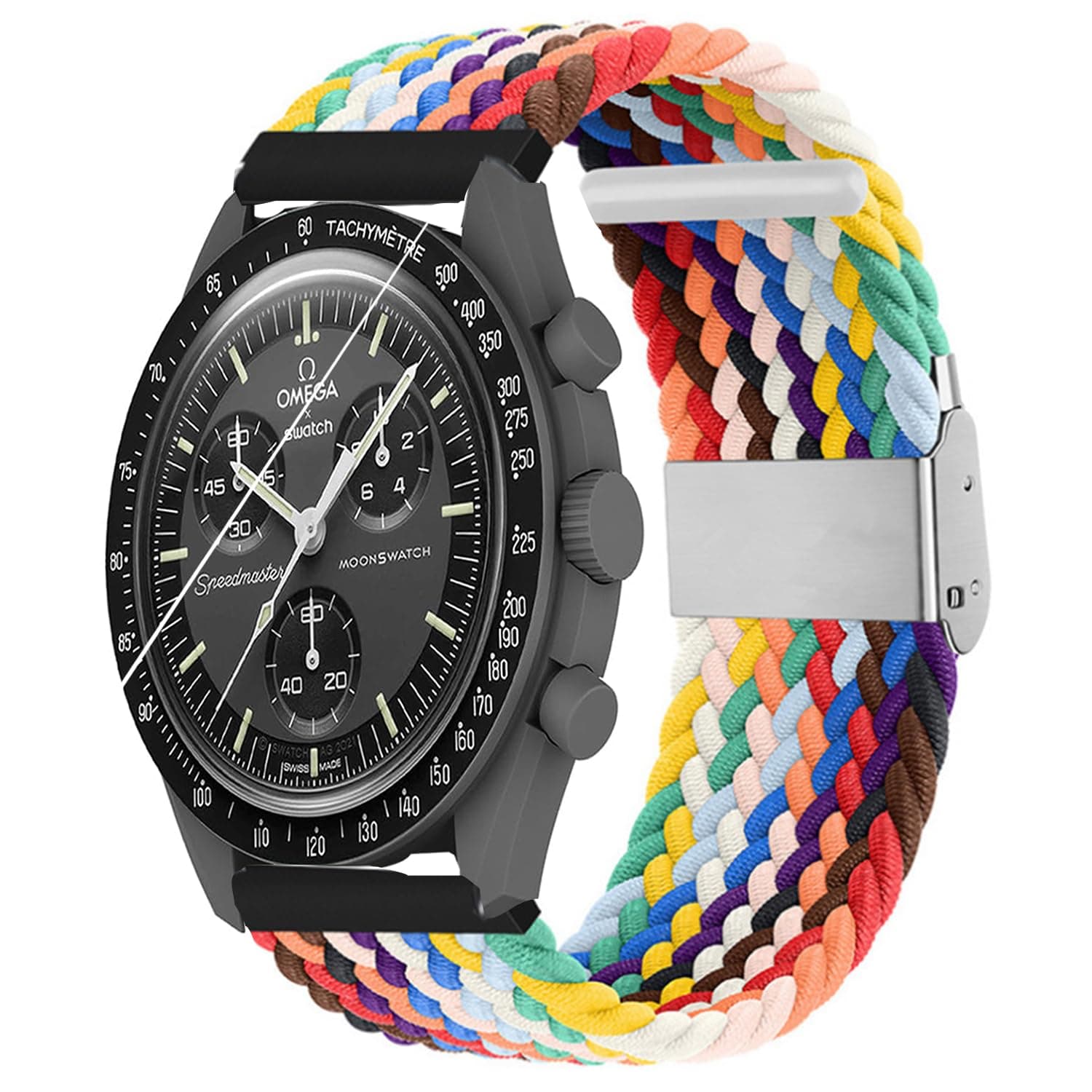 Band Compatible with Moonswatch, Stretchy Sport Solo Loop Strap Elastic Nylon Braided Women Men Strap Bracelet Wristband Replacement Compatible with Omega X Swatch Moonswatch Speedmaster with Adjustable Buckle