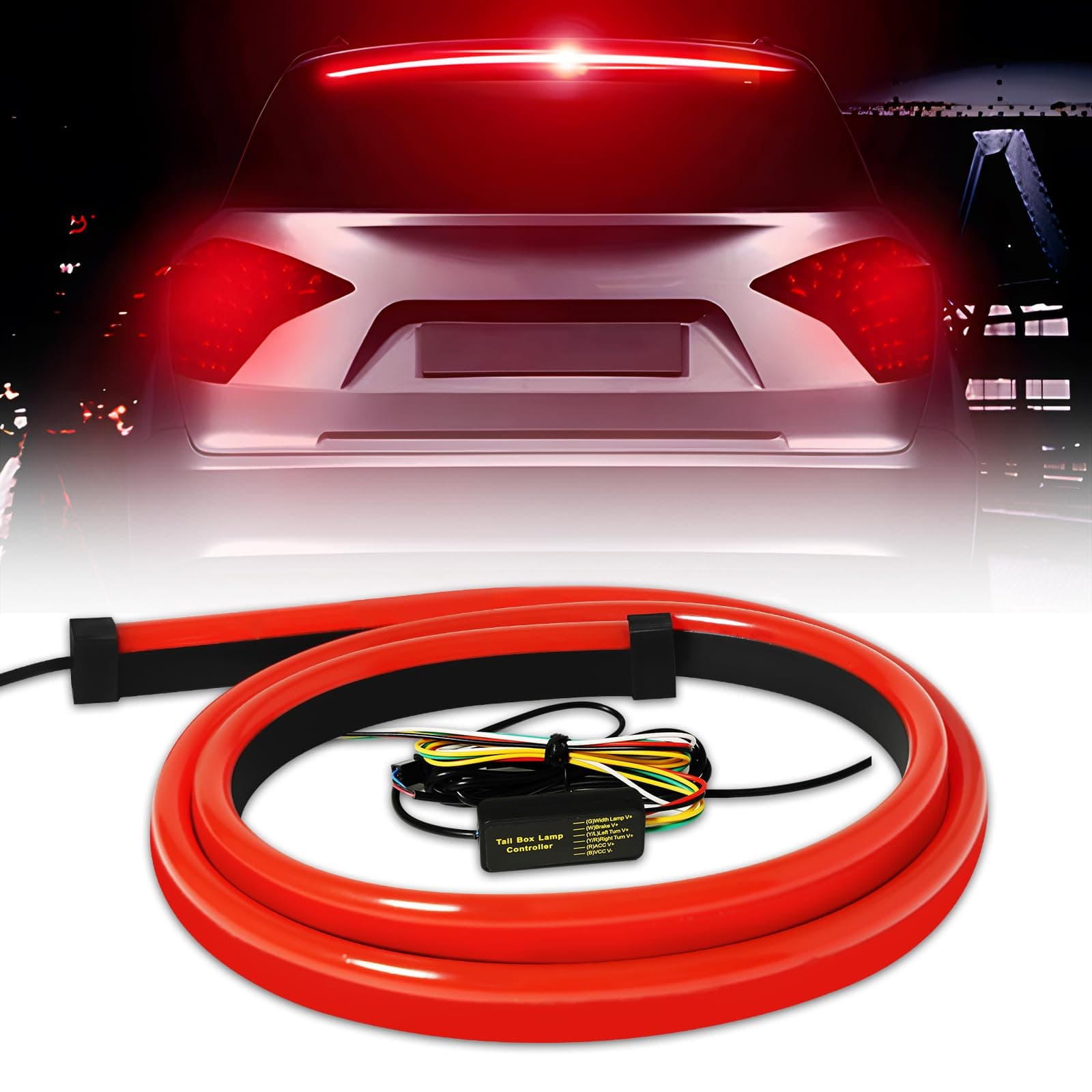 Keiurot Led Third Brake Light Strip with Sequential Turn Signal , 3rd Brake Light, DRL Double Flash Warning Light Flexible High Mount Brake Light Stop Light Lamp Red Strip DC-12V (40”1M/1Set)