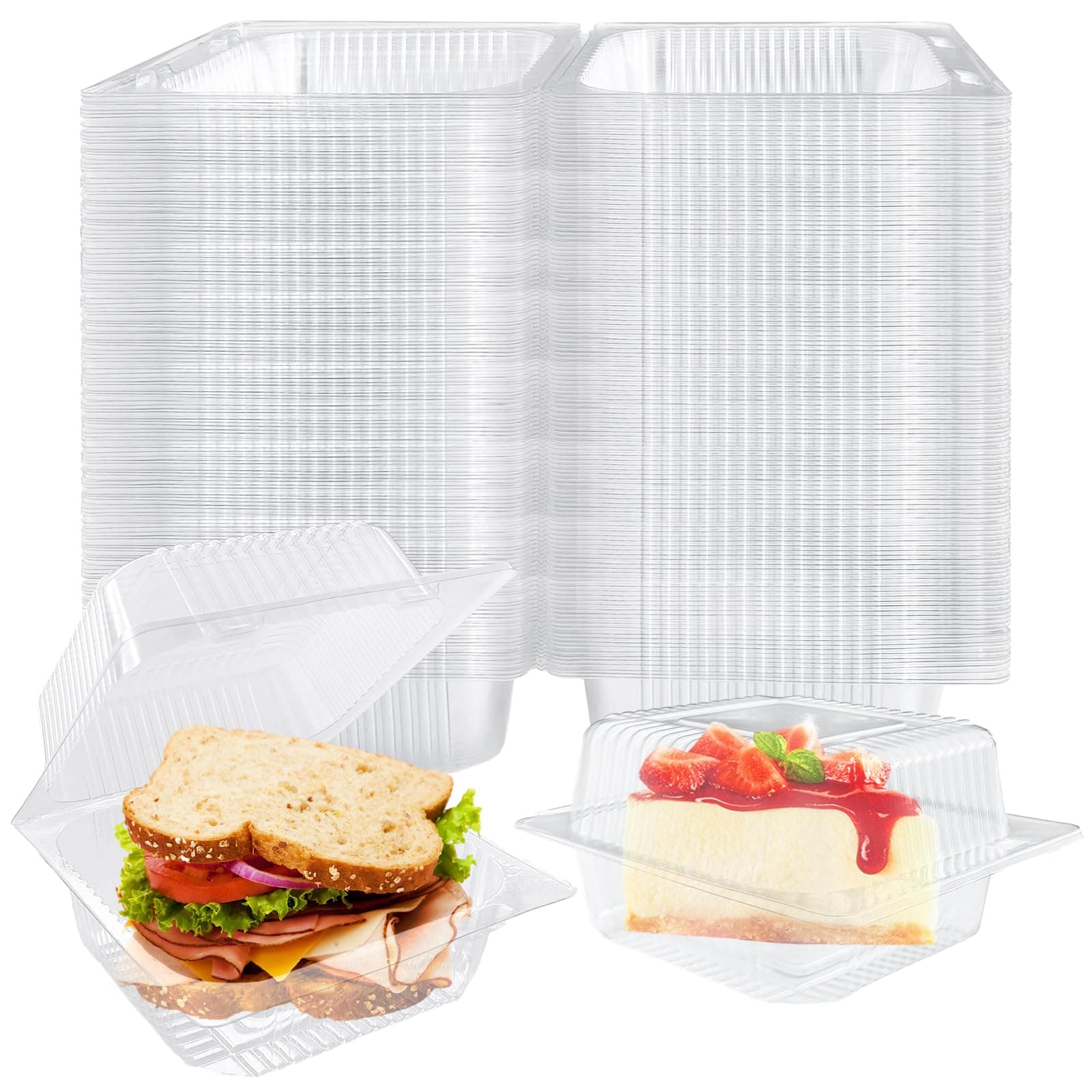 Jizvxe 300 Pcs Clear Plastic Take out Containers,Square Hinged Takeout Tray,Disposable Fancy Clamshell Food Boxes with Lids for Cakes,Dessert,Salads,Sandwiches,Cookies,Pasta,5.3x4.7x2.8 Inch