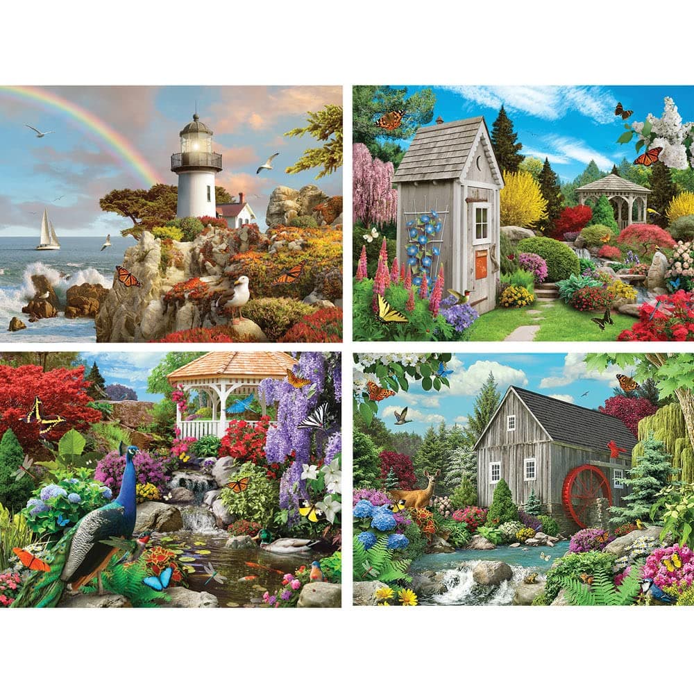 Bits and Pieces - Value Set of Four (4) Multipack 1000 Piece Jigsaw Puzzles for Adults - Each Puzzle Measures 20" x 27" - 1000 pc Garden Country Mill Divine Light Peacock by Artist Alan Giana