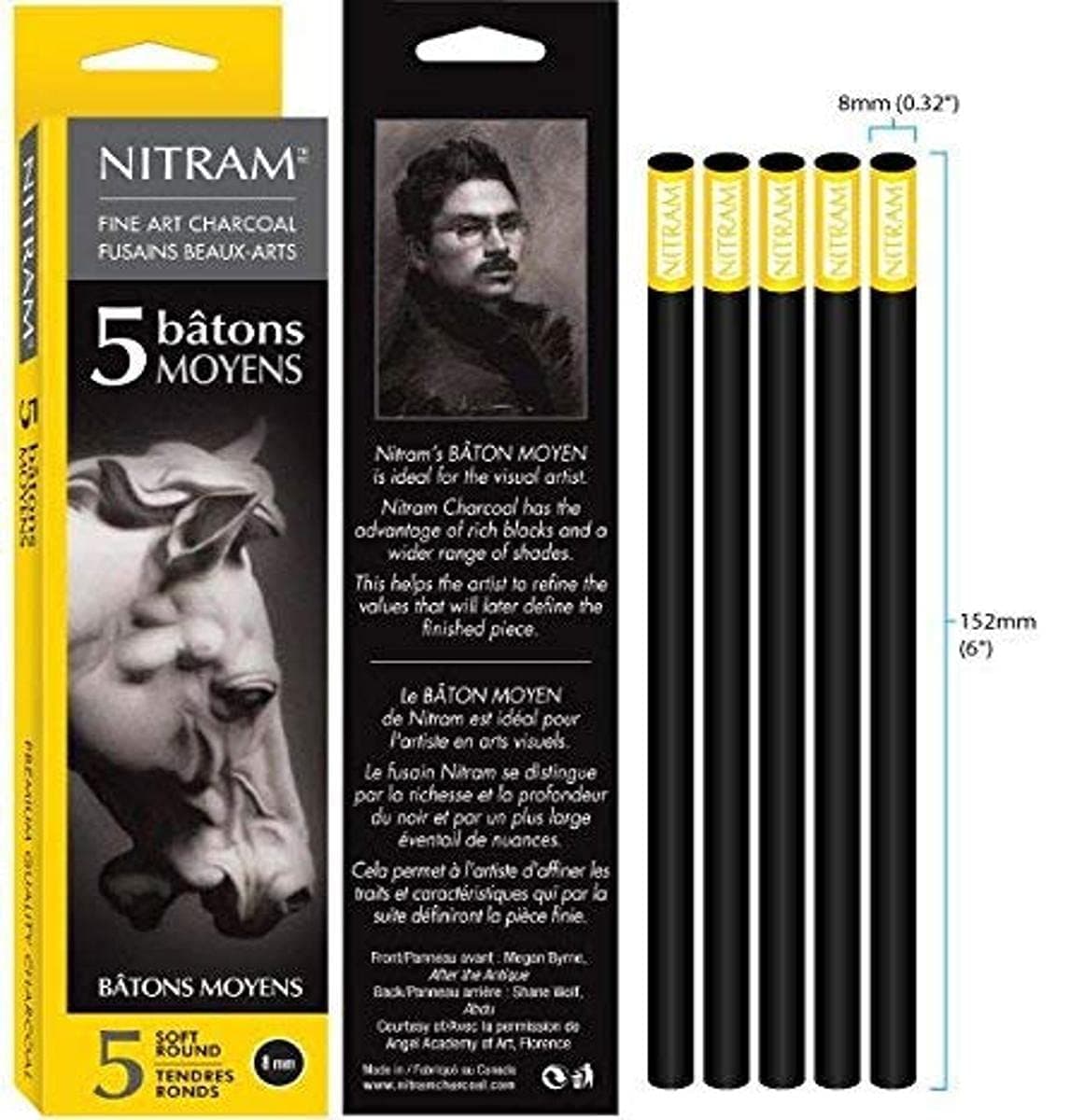 Nitram Charcoal X-Soft 8Mm Round Sticks 5/Pk,Black,8 mm