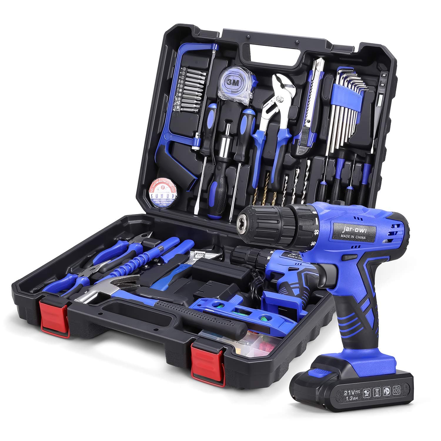 Cordless Hammer Drill Tool Kit, jar-owl Household Power Tools Drill Set with 21V Lithium Cordless Drill Driver Claw Wrenches Pliers for Home Office Shed Garage Bike Car Electronics Test Repair