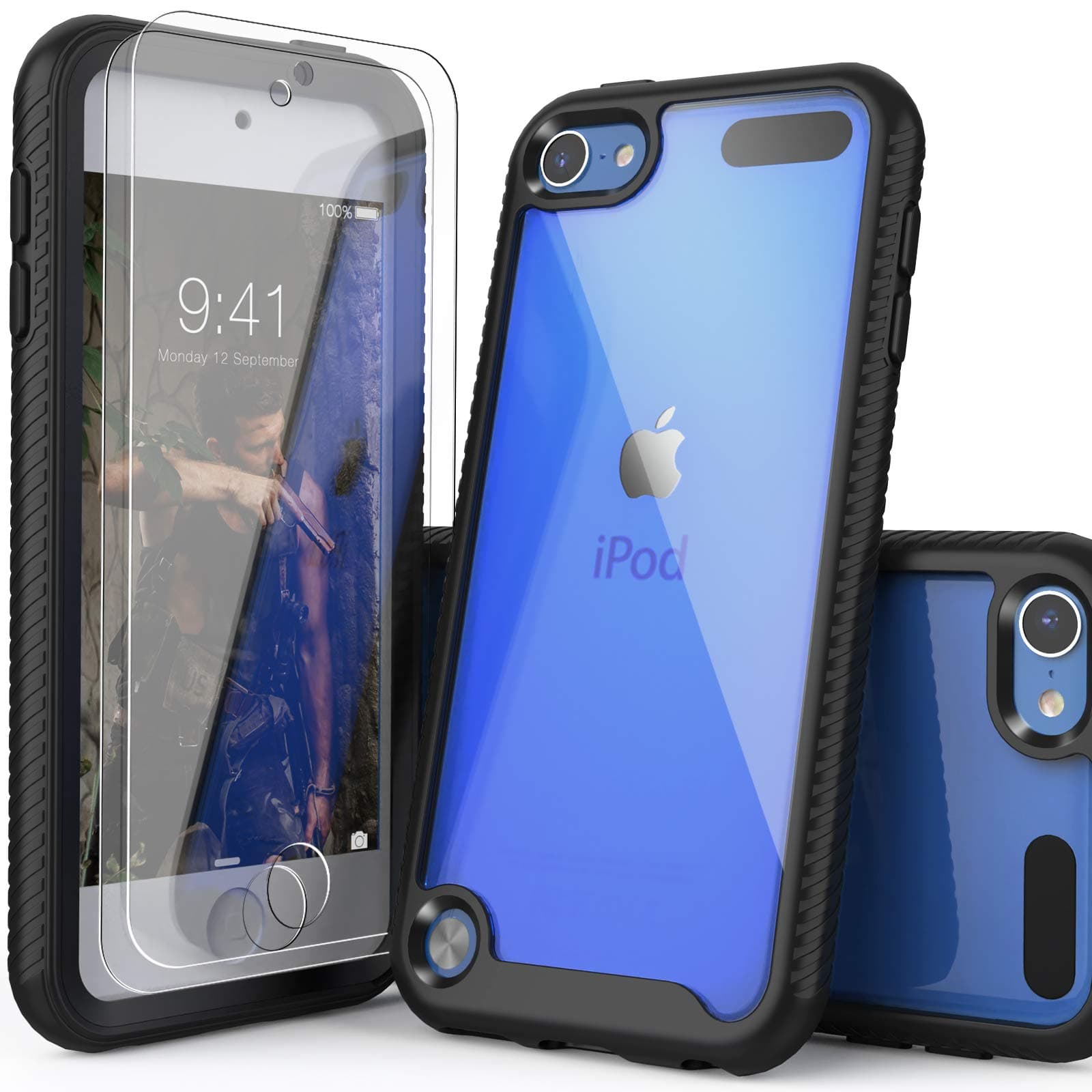 for iPod Touch 7th Generation Case,2 in 1 Shockproof iPod Case with 2 HD Screen Protectors,Hybrid Heavy Duty Protection Shock Resistant Cover for iPod Touch 5/6/7th Generation, Black