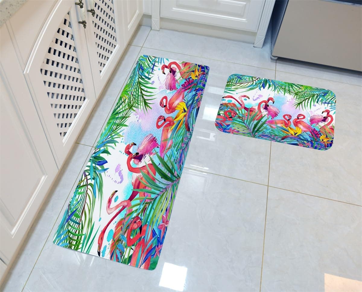 MimihomeFlamingo Bath Mat Set, Kitchen Rug Set, Memory Foam Anti Slip and Water Absortion, 2 Pieces
