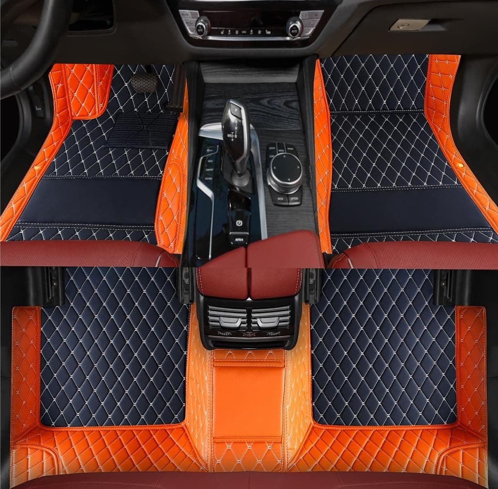 Custom Personalized Floor Mats for Cars,Luxury Full Coverage All Weather Car Floor Mats,Anti-Slip Leather Car Mat Set ,Custom Floor Mats for 99% of Cars, Trucks & SUVs (3D Orange and Black)