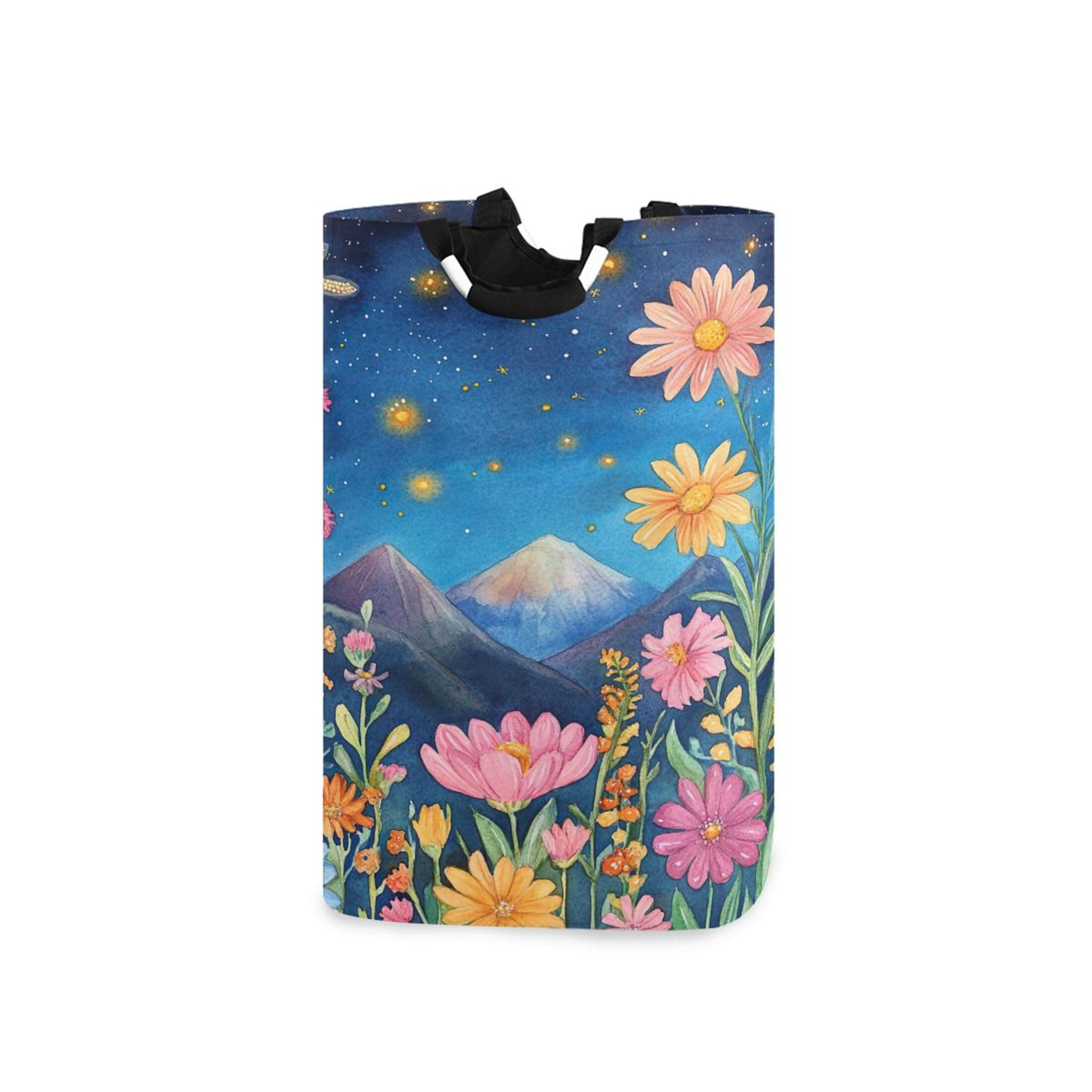 xigua Wildflowers with Mountains Large Laundry Hamper with Handle, Foldable Clothes Hamper Collapsible Storage Basket for Toys and Clothes Organization in Bedroom, Bathroom, and Laundry Room