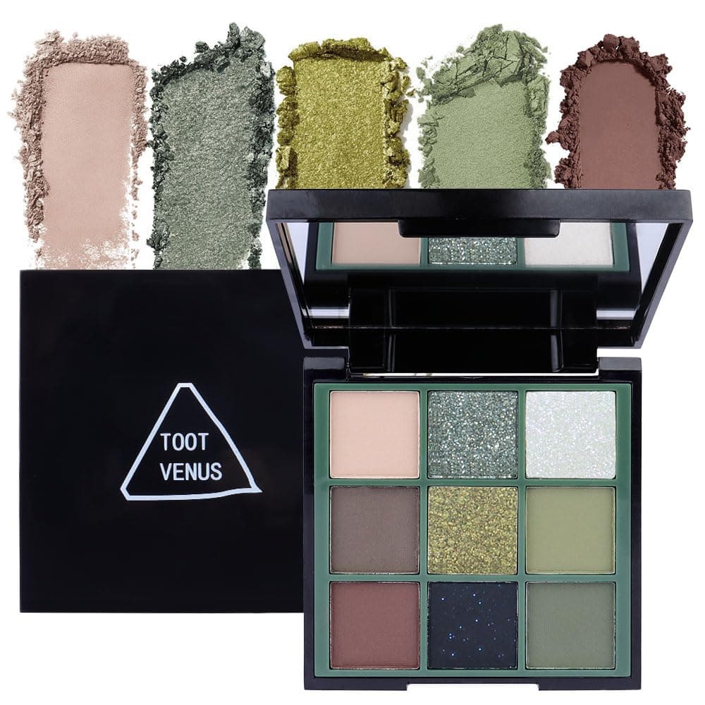 AMY'S DIARY Light Dark Green matte Glitter Shimmer Eye Makeup Palette, 9 Colors Cool Toned Make Up Green Radiance Eyeshadow Palette, Profesional Sombras De Ojos (19)
