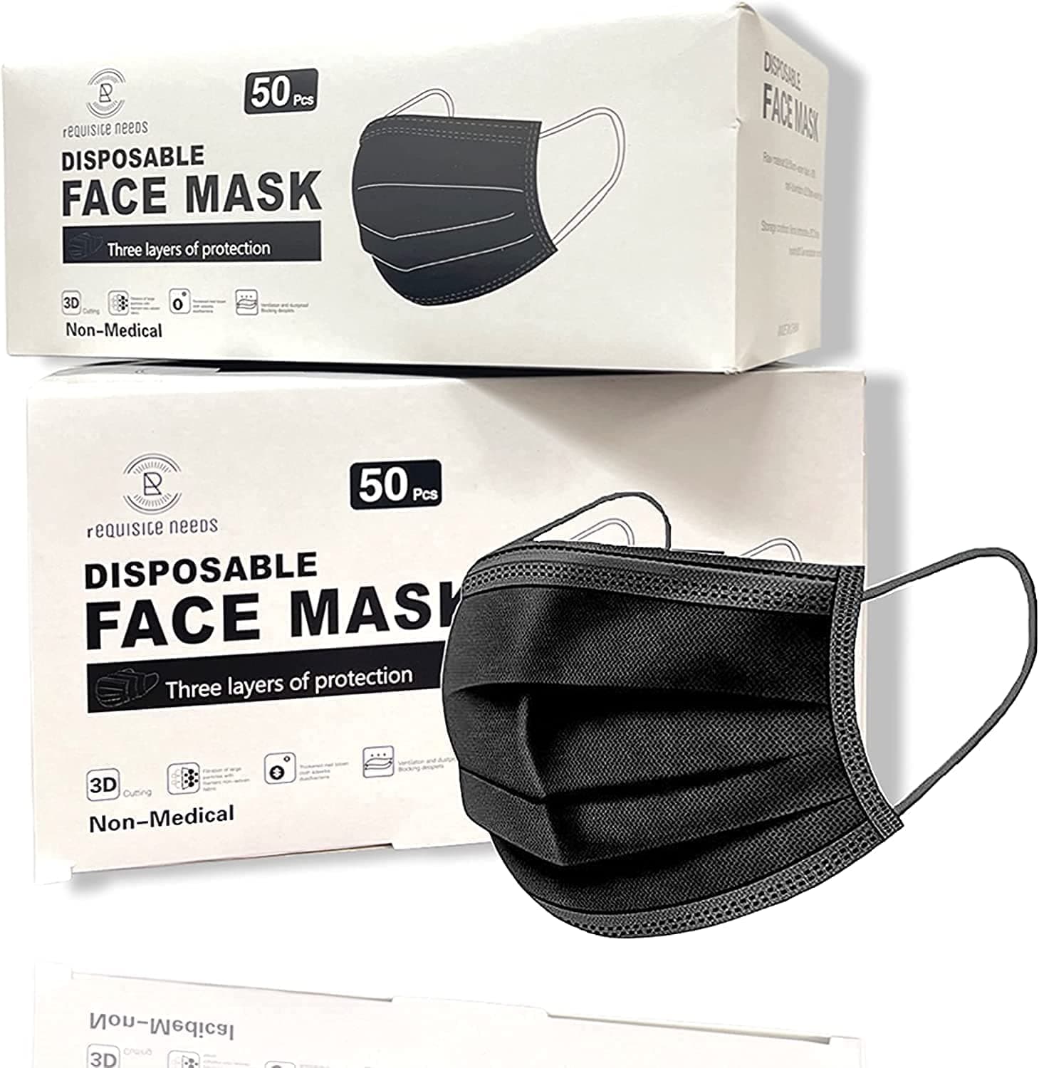 REQUISITE NEEDS Face Mask Black Disposable for Adults, Disposable Breathable Face Coverings, Face Masks Breathable,3 Layer Face Masks | Suitable For Sensitive Skin (Black)