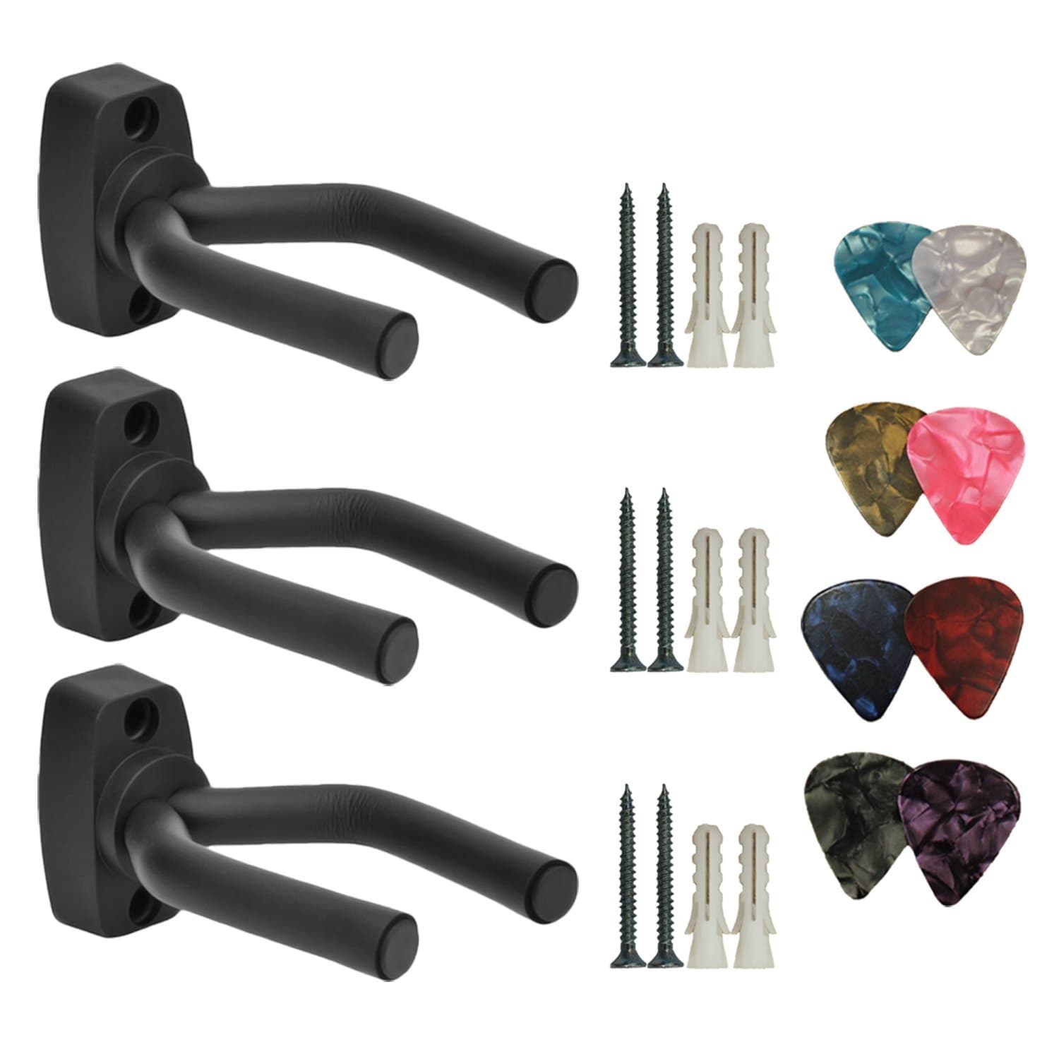 YELAIYEHAO 3 Pack Guitar Hanger Hook Holder Wall Mount Display Acoustic Guitar Stand Ukulele Bass Mandolin Banjo Wall Mounts Hangers Black with 8 pcs picks