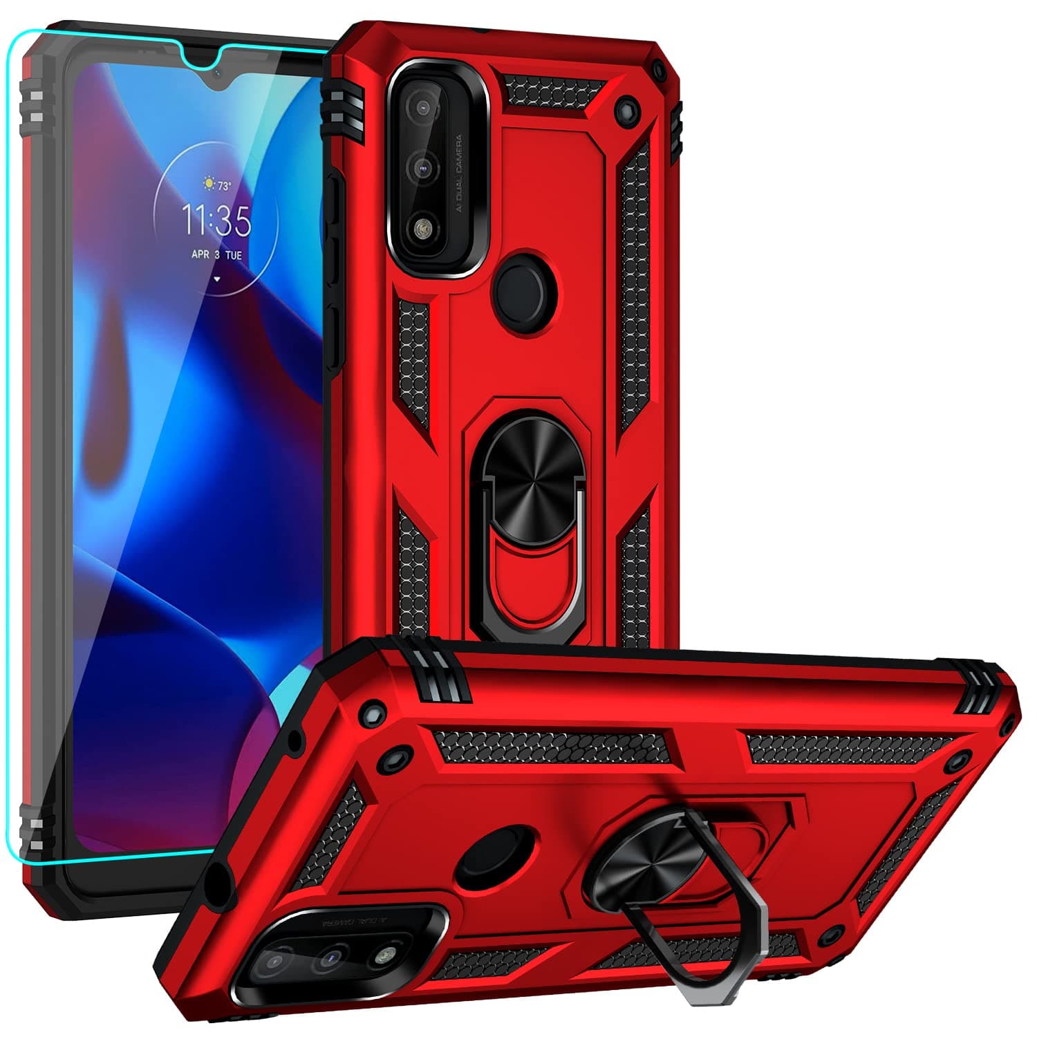 for Moto G Pure Phone Case, with HD Screen Protector,[Military Grade] Ring Car Mount Kickstand Hybrid Hard PC Soft TPU Shockproof Protective Case for Moto G Pure (Red)