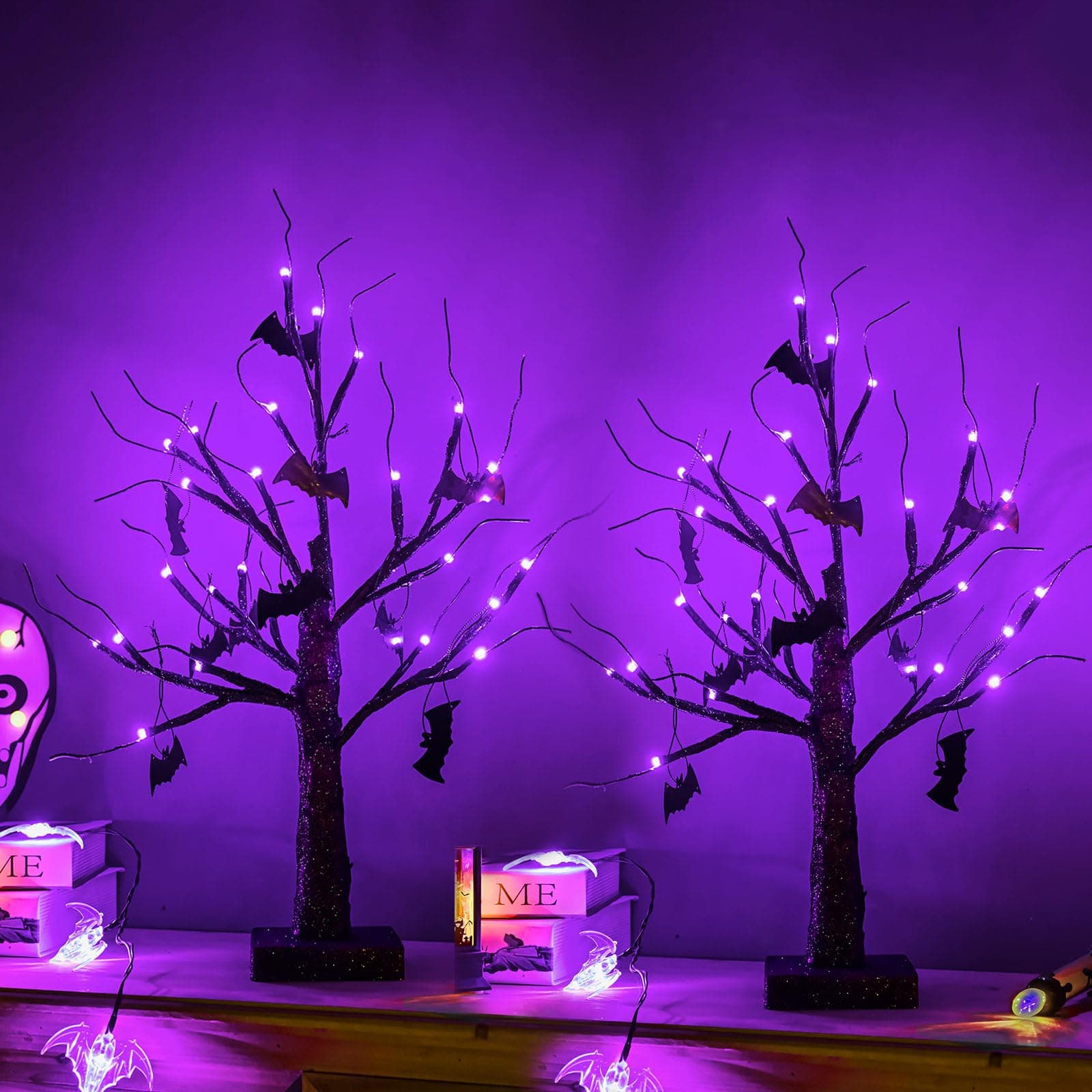 2Pack Halloween Tree, Black Spooky Tree with 24LED Purple Lights and 10 Bat Ornaments Battery Powered 18IN Lighted Halloween Bonsai Tree for Indoor Tabletop Halloween Party Decoration