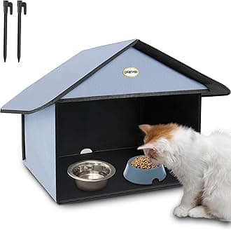 Dreyoo Outdoor Cat Feeding Station for Food & Water, Weatherproof Outdoor Kitty Dining Room Outdoor Cat Shelter for Stray, Feral Cats and Community Cats, 13”d x 17”w x 15.5'h (Dusty Blue)