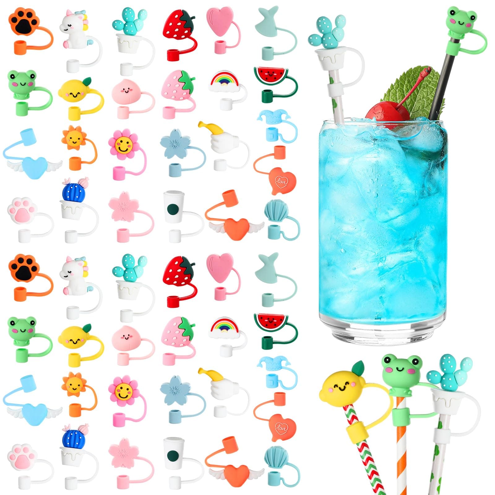 Dandat 50 Pcs Silicone Straw Covers, Cute Drinking Straw Tips, Dustproof Straw Plugs for 6-8 mm Straws, 25 Patterns