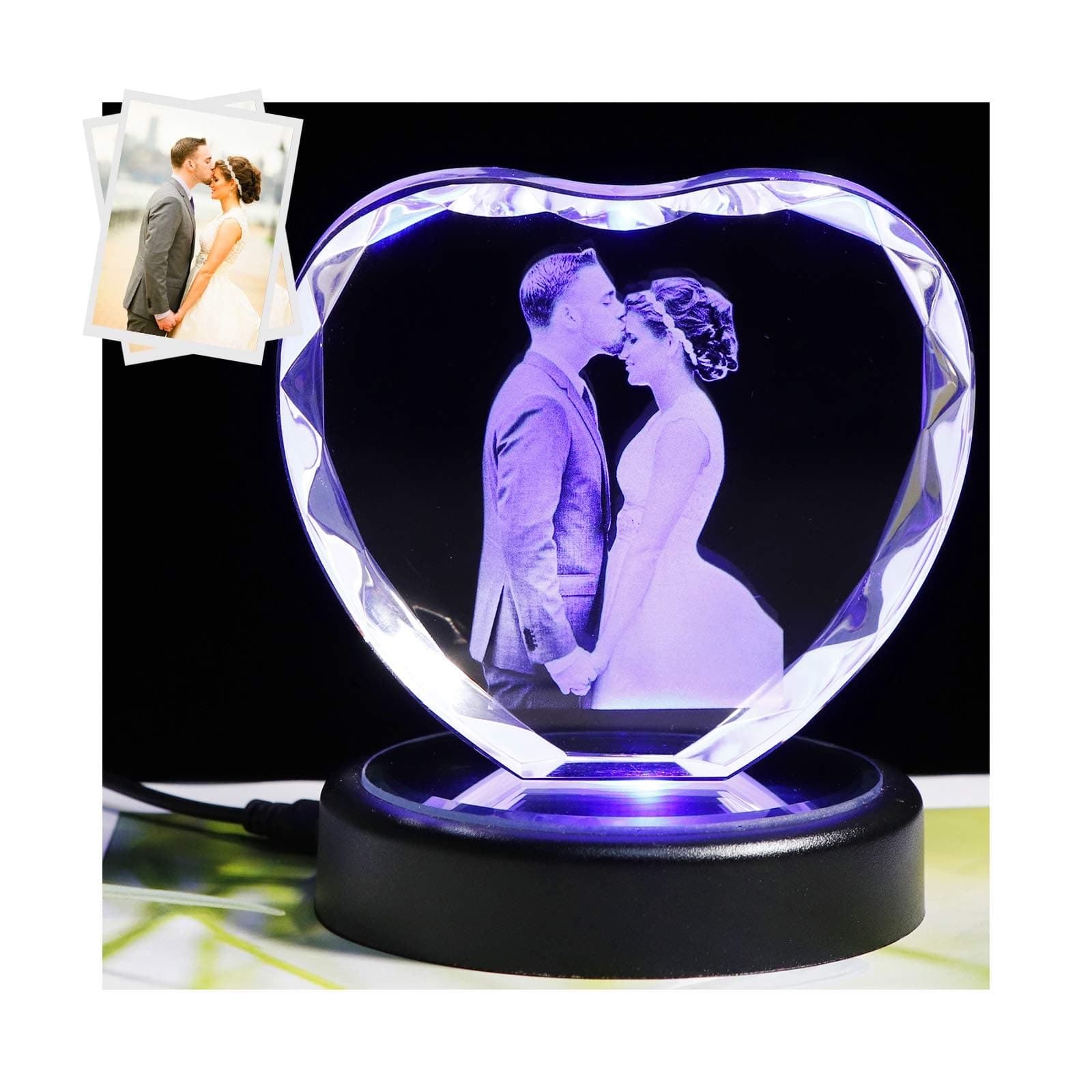 Custom 2D Photo Frame Laser Engraved K9 Crystal Heart Shape, Weddings Anniversary Personalised Gifts for Women Personalised Fathers Mothers Day Gifts
